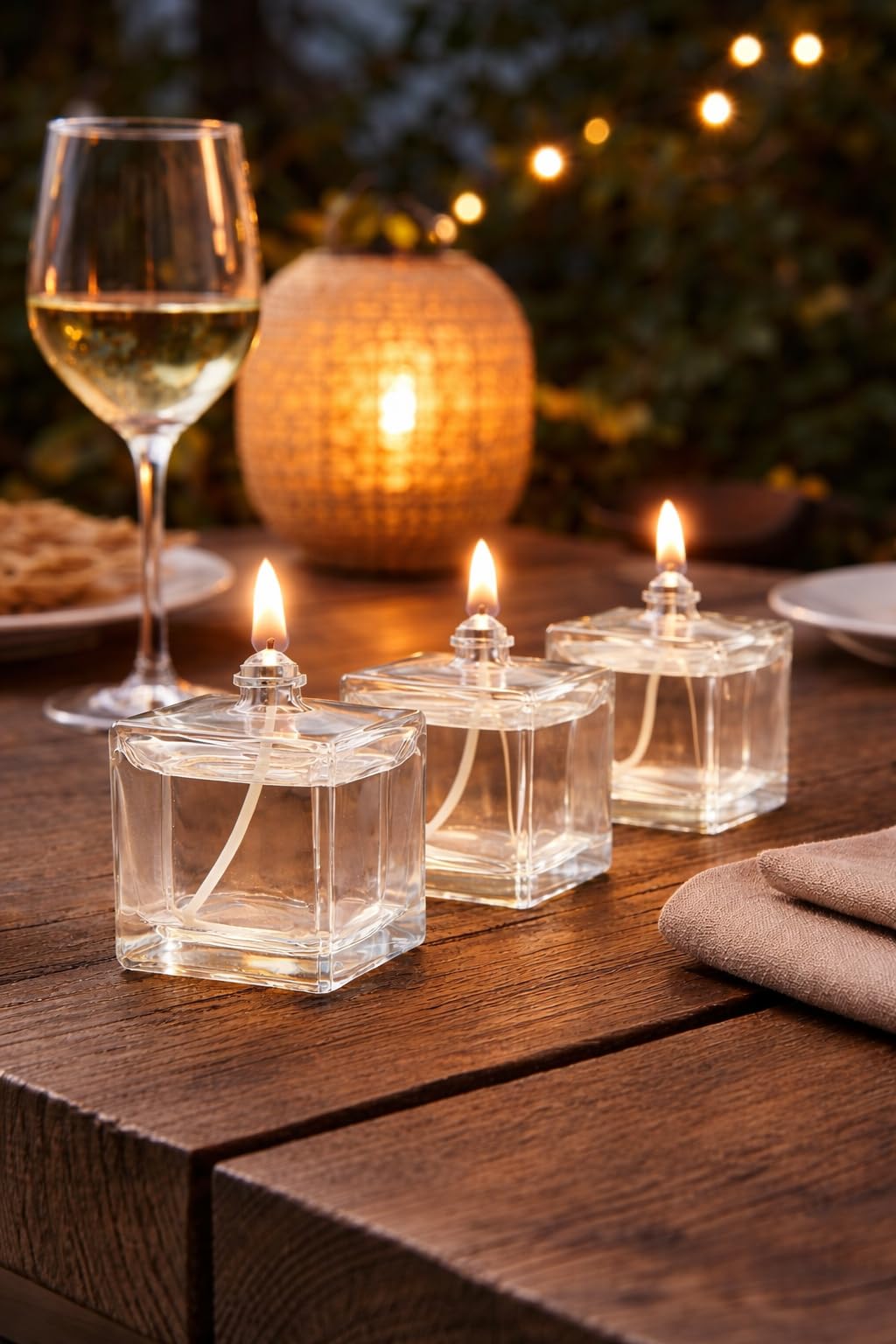 Öllampen Set 4x Mini Cube Glas 80 ml – Nachfüllbare Tisch-Öllampen für Innen & Außen – Deko Beleuchtung für Restaurant, Bar, Terrasse & Zuhause