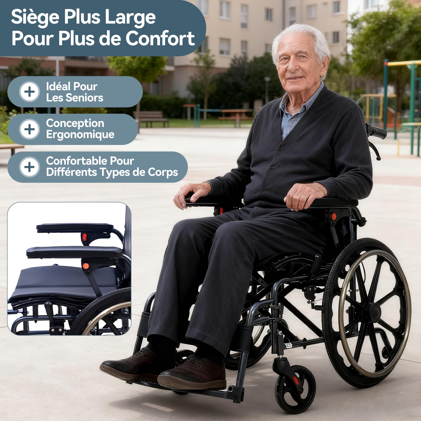 M4 Fauteuil roulant pliable léger avec double rembourrage d'assise, roues avant absorbant les chocs, cadre en aluminium léger, accoudoirs amovibles, pneus en caoutchouc sans entretien