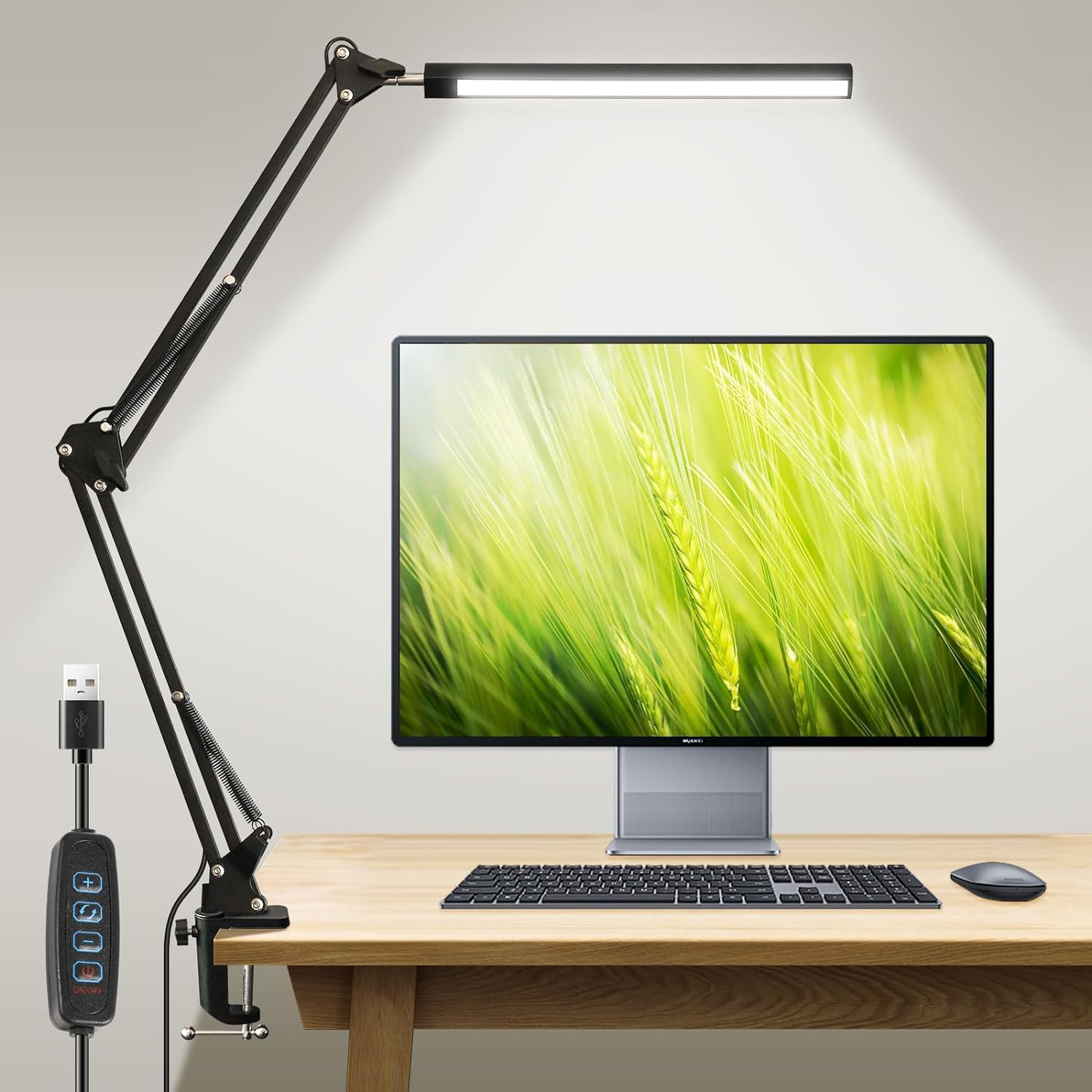 Lomeshow LED Desk lamp, Swing Arm Desk Light with Clamp, Architect Desk Lamp with Adjustable Swing Arm and USB Adapter, 3 Lighting 9 Brightness Eye-Caring Modes for Home Office, 12W-Black