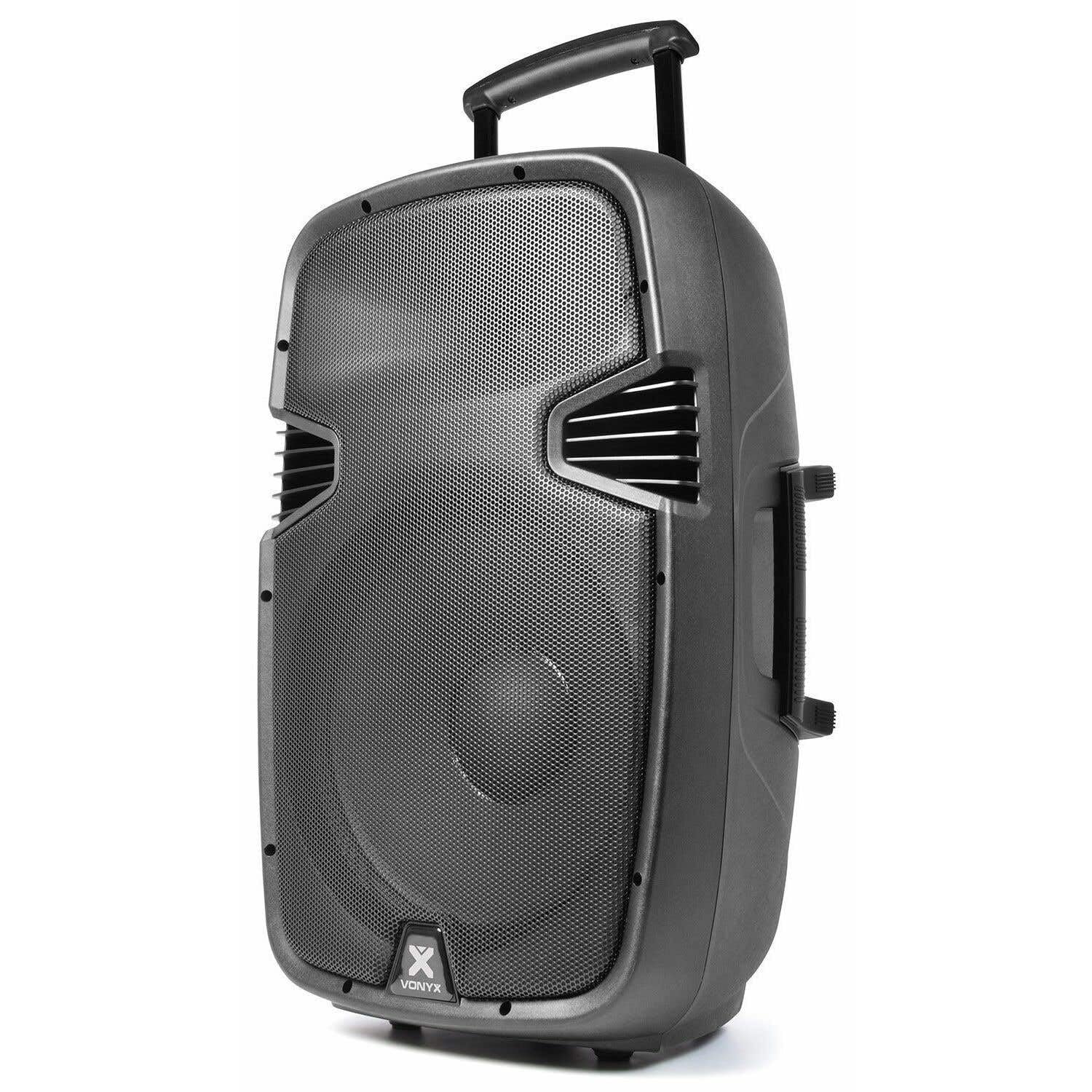 Vonyx SPJ-PA915 Enceinte Sono Portable avec micros sans fil – 700W Max, Bluetooth, USB/SD/MP3, Boomer 15", Batterie intégrée, poignée, emplacement pour pied de fixation, enceinte légère et robuste