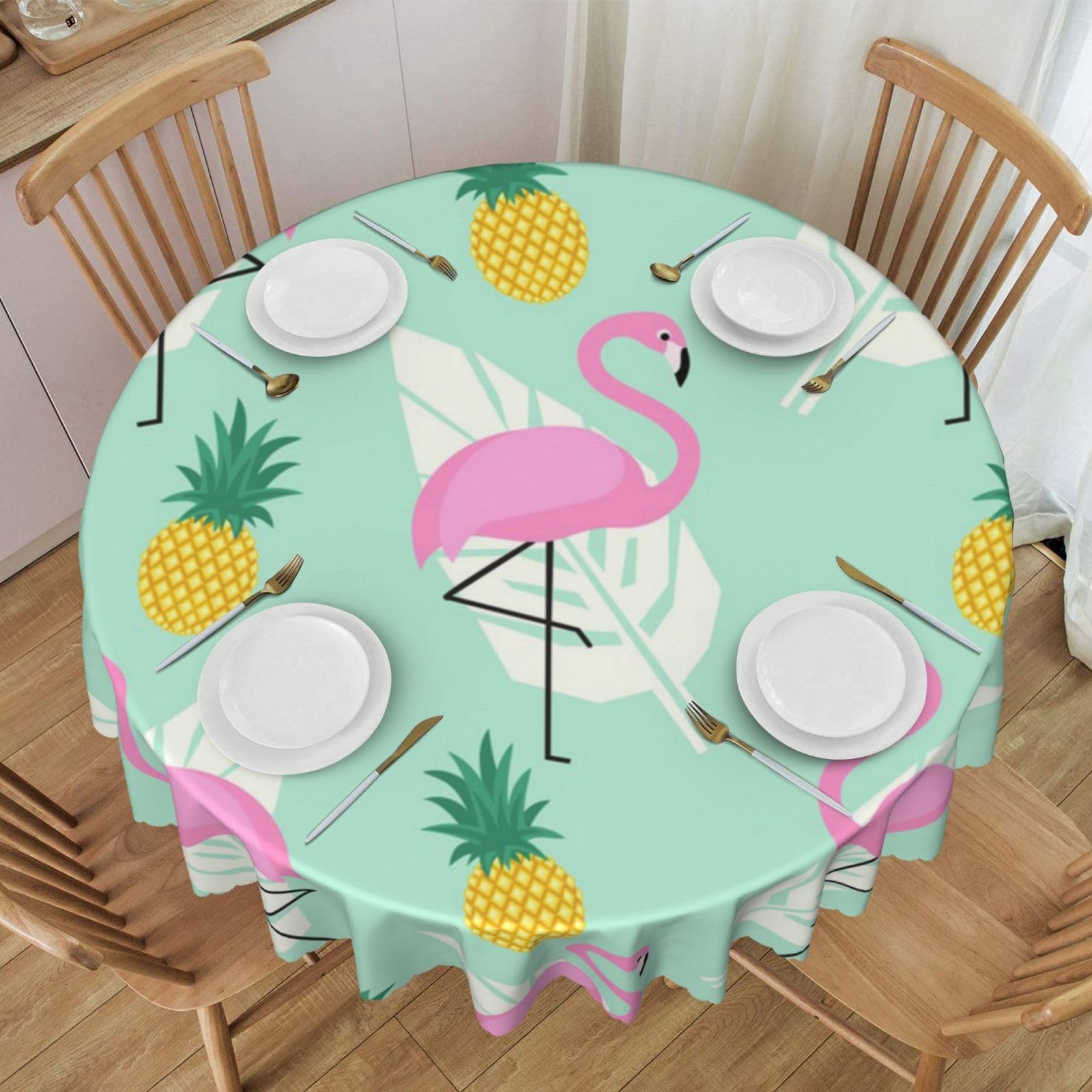 DCEHGEW 60 In Round Tablecloth with Lace, pink flamingo pineapples Printed Oilproof & Washable Fabric Picnic Table Cloth Table Covers