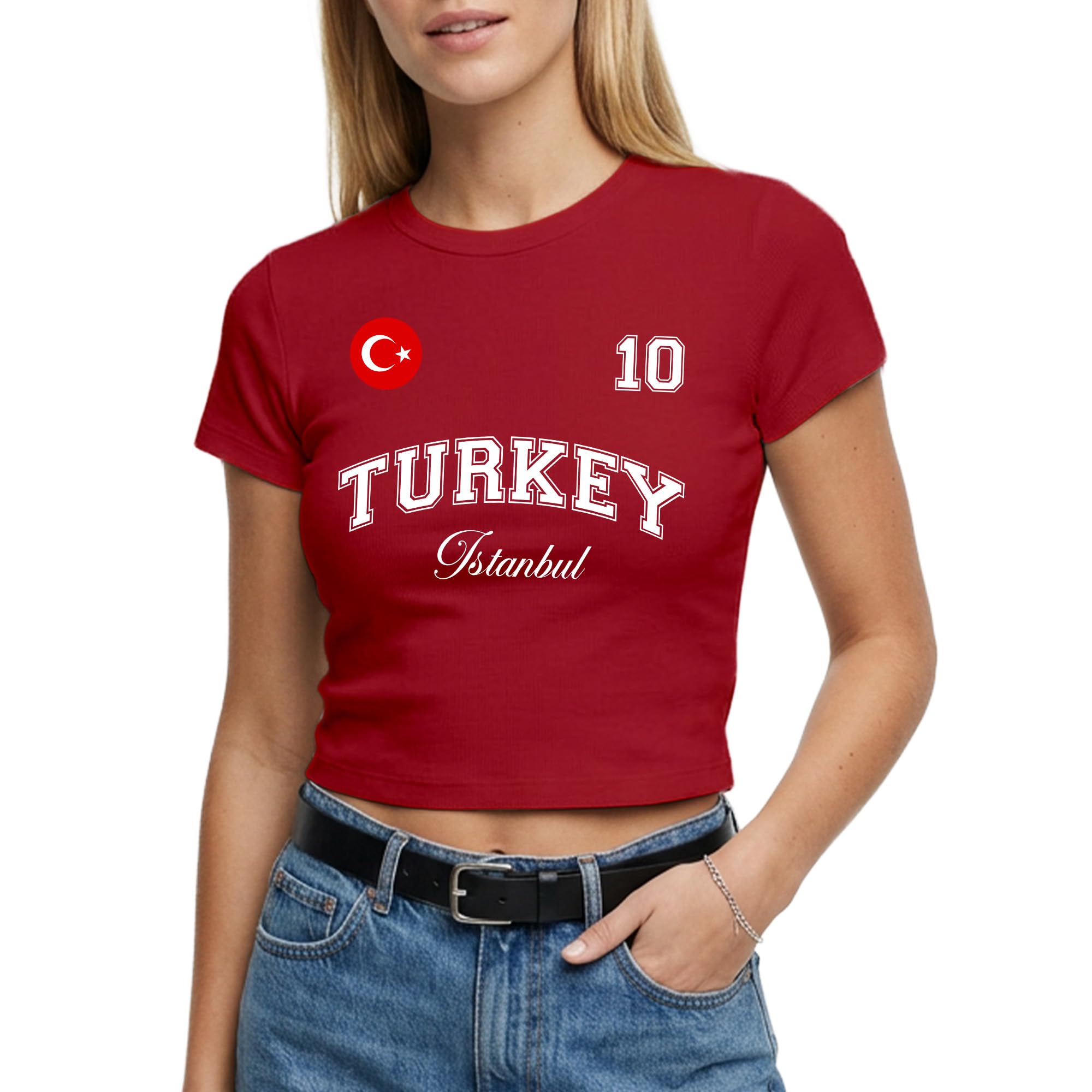 Turkey Womens Baby Tee Custom Turkish City Name Number Badge Short Top Ladies Football Tshirt Fan Gift, L, Red