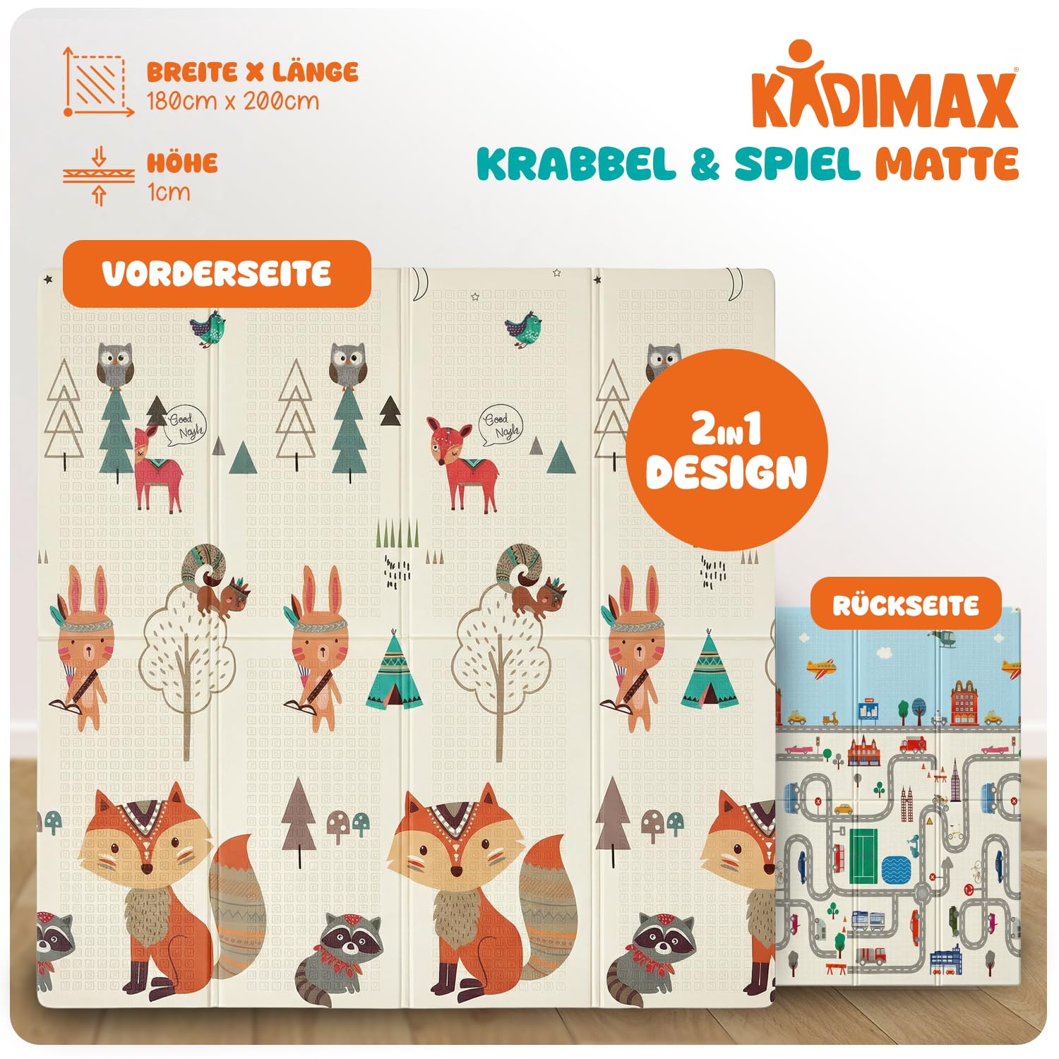 Krabbelmatte Baby & Kinder 200x180x1 cm – Faltbare Spielmatte/Spielteppich, BPA- & schadstofffrei, beidseitig, rutschfest, wasserdicht, tragbar – Spielunterlage für Innen & Outdoor, Muster 2
