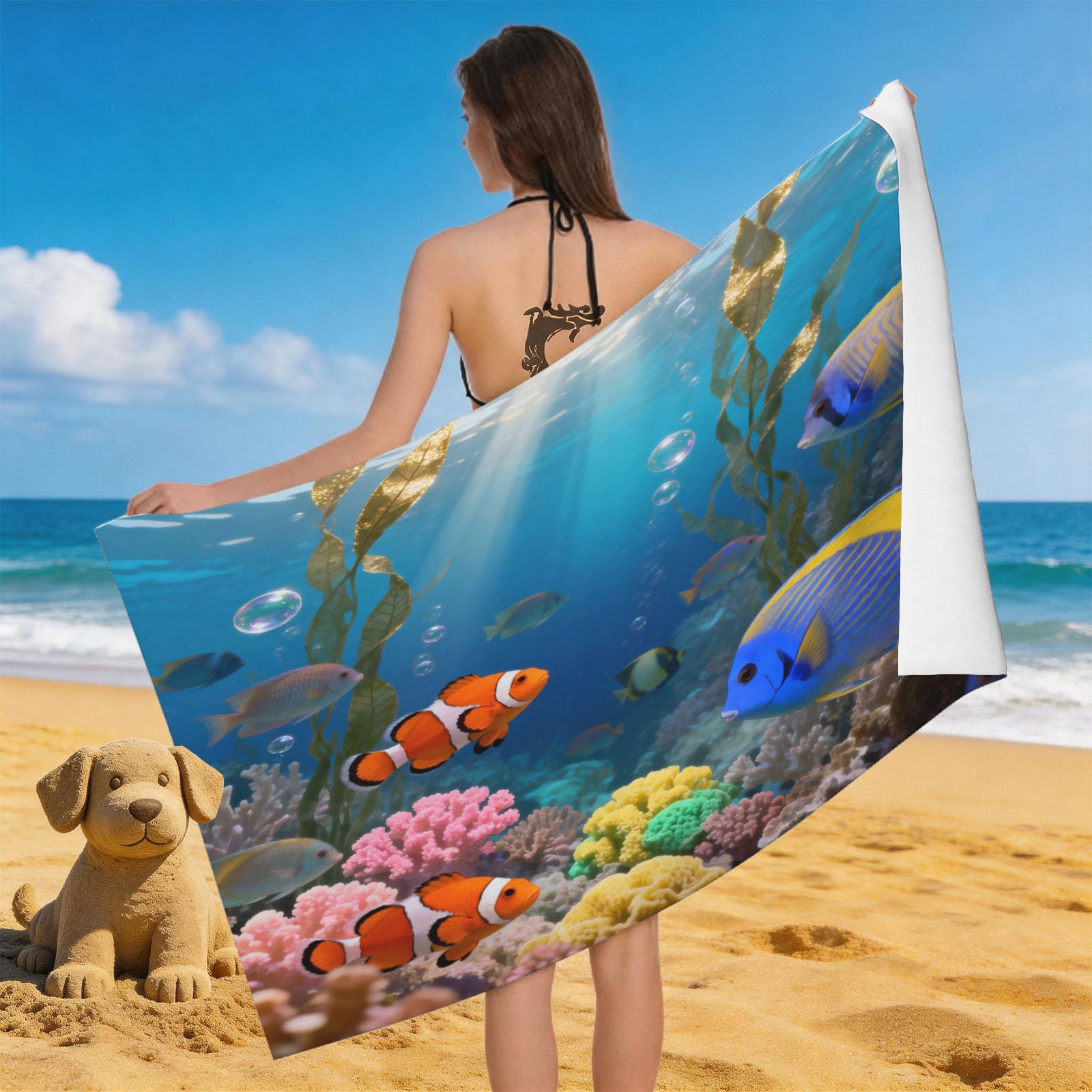 Leichong 3D Clown Fish Beach Towel Large Microfiber Soft Quick Dry for Adults, Coral Bath Towel Lightweight Soft Absorbent for Travel Swimming Pool Sports, 80 x 160 cm