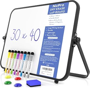 Nicpro Dry Erase Small Whiteboard A3 with Non-Slip Stand, 12 x 16'' Double Sided Magnetic Desktop White Board with 8 Pens, Eraser, Magnet, Portable Writing Easel for Kid Drawing Student Classroom Use