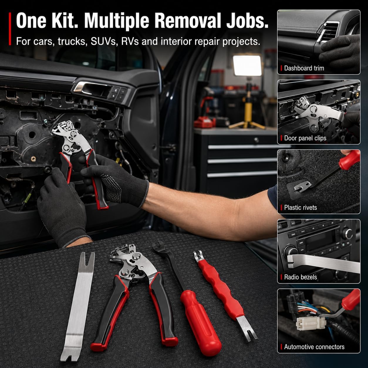 4Pcs Auto Trim Removal Tool Kit, Premium Car Clip Pliers & Fastener Remover, Scratch-Free Panel Removal Tool Set for Door, Dash & Plastic Rivet - Essential Auto Interior Pry Bar Tools