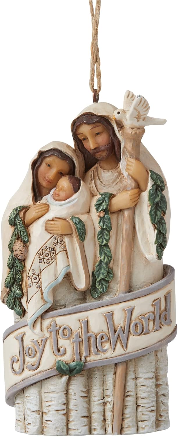 Enesco Jim Shore Heartwood Creek White Woodland Holy Family Joy to The World Hanging Ornament, 4.5 Inch, Multicolor
