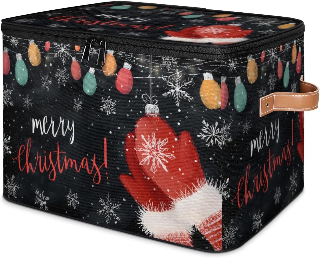 Merry Christmas Storage Bin with Lids Red Gloves Fabric Storage Boxes with Zipper, Collapsible Decorative Closet Organizer Cube for Organizing, Clothes, Shelves