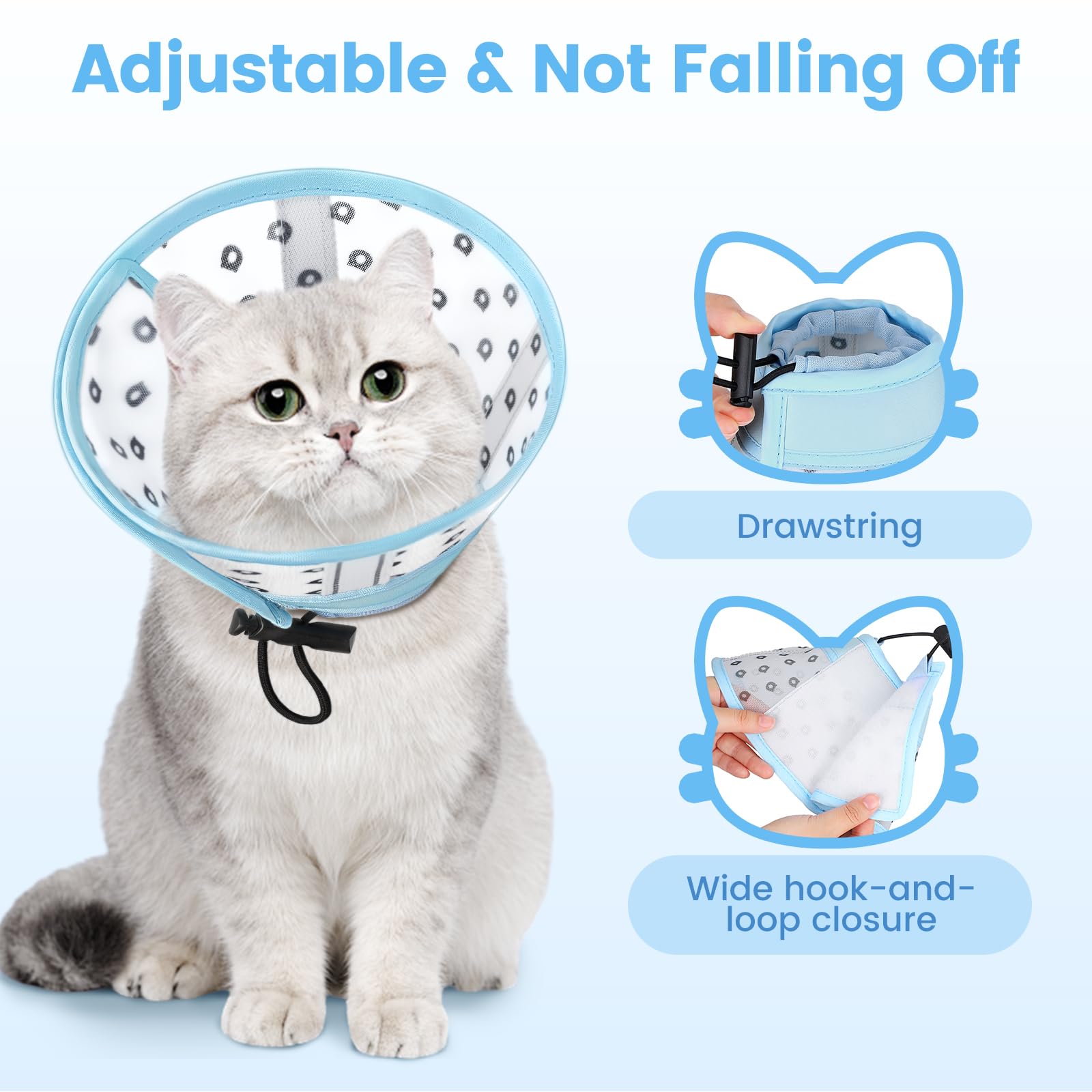 Collerette Chat Anti Léchage et Anti Grattage, Souple en Tissu Respirant, Ajustable, M, Maille Bleu