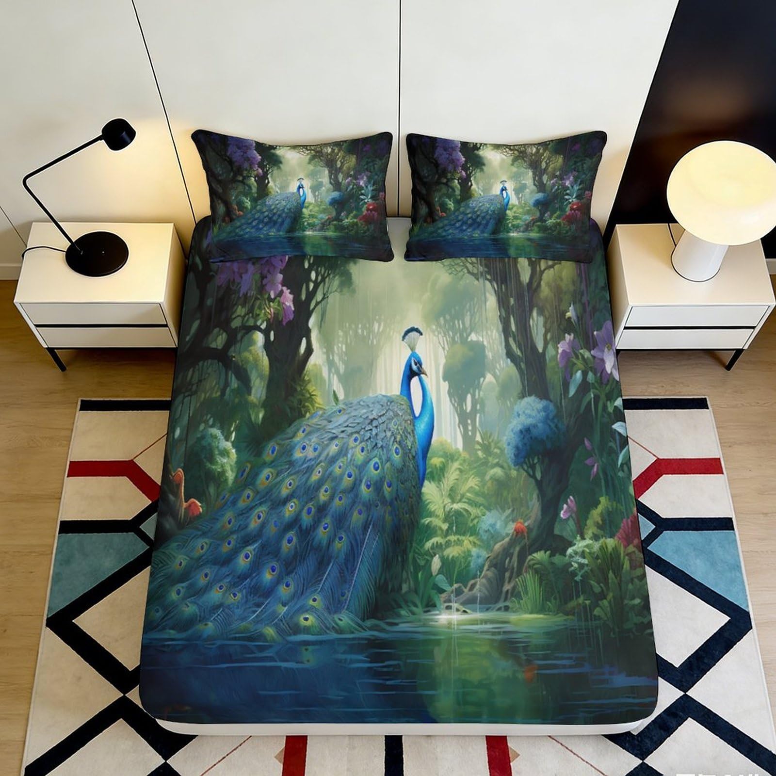 3D Printed Peacock Fitted Sheet Microfiber Soft Breathable Forest Scene Bed Cover for Bedroom Dormitory Guest Room Mattress Protection Decor 140x200x25cm
