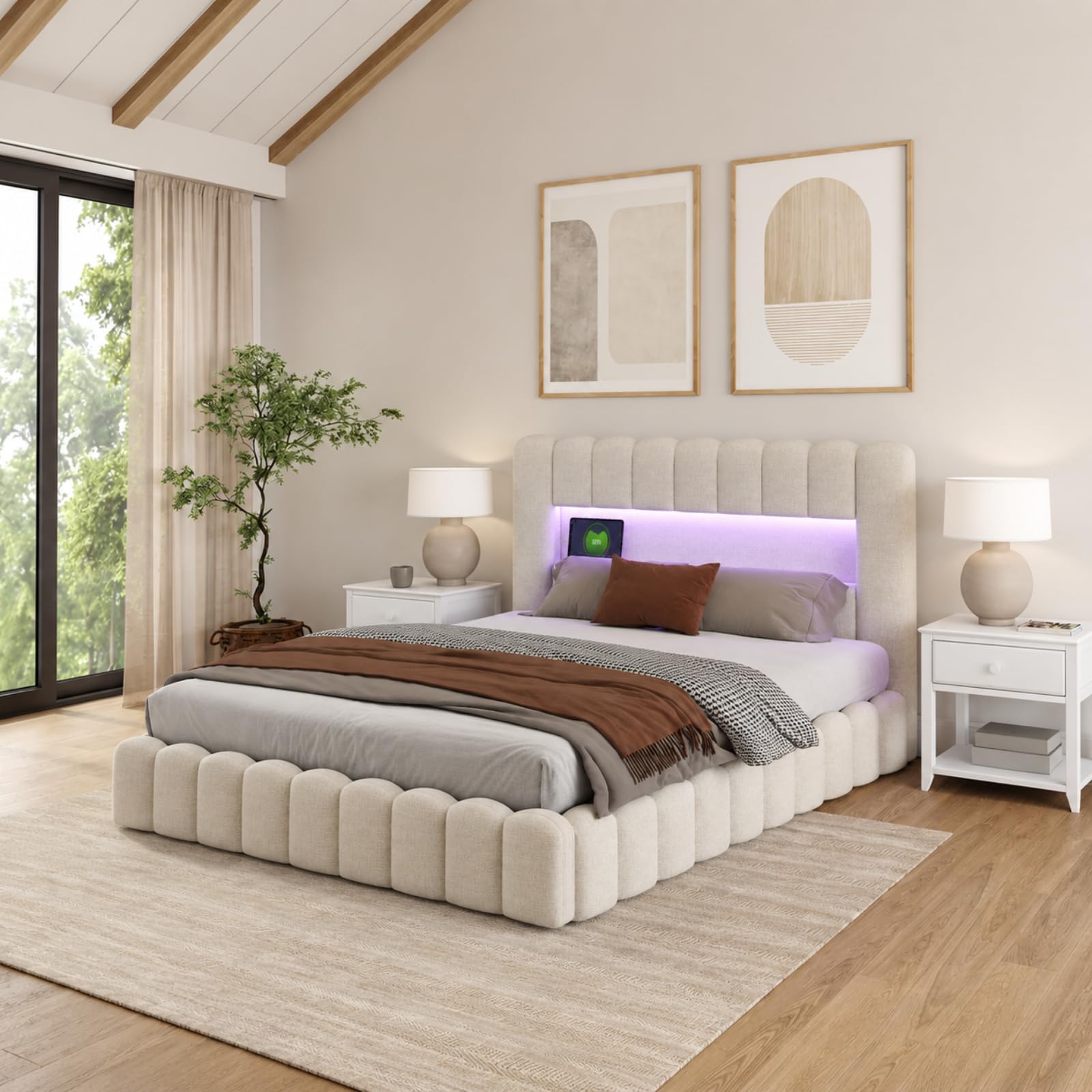 Fofetbfo Lit Coffre 140X200 cm, Bubble lit Double rembourré avec éclairage LED et Type-C et USB, LIt Capitonné avec Rangement, Cadre de lit hydraulique avec sommier à Latte, Lin (Beige, 140 x 200 cm)