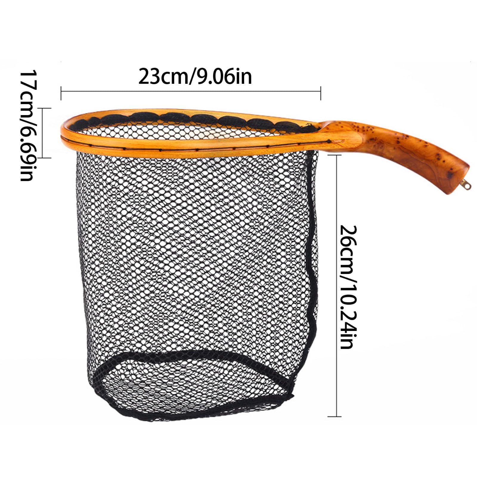 Retino da pesca curvo con manico in legno, design a maglie che protegge i pesci, compatta rete da pesca per pescatori, flussi, pesca