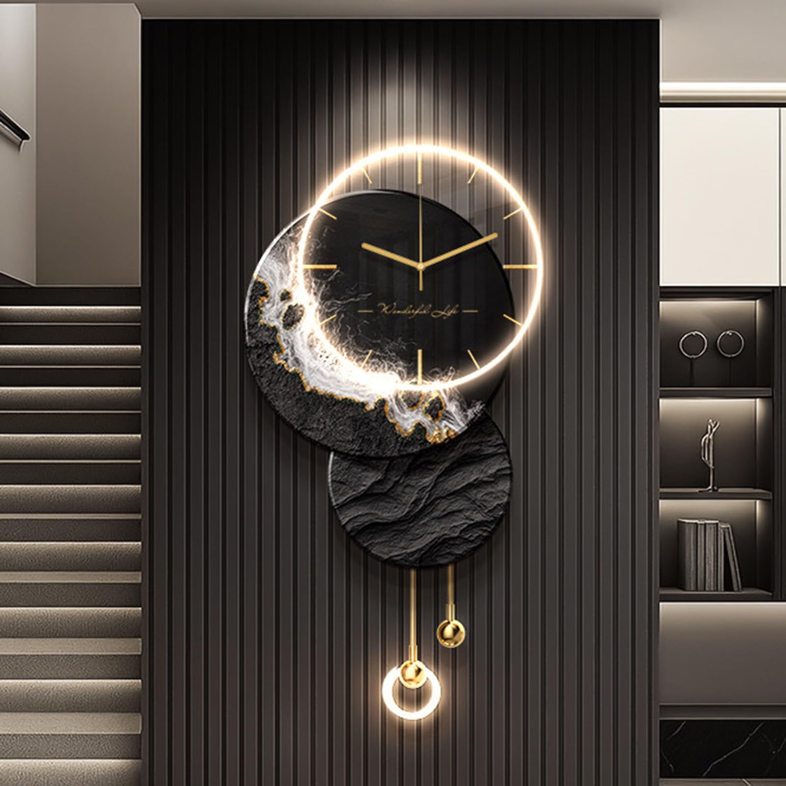 Tableau LED Decoration Murale Vague Côtière Horloge Lumineuse 3D Décoration Salon Moderne