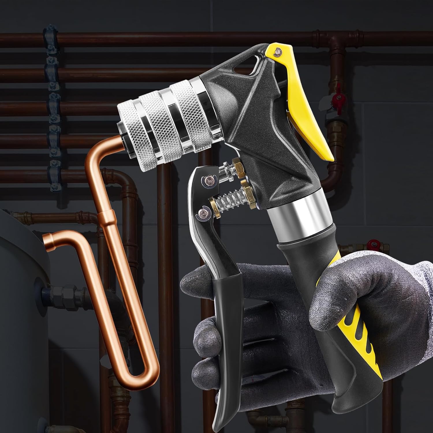 Hydraulic Copper Tube Expander Swage Tool Kit, One-Hand Operation, Quick Release Pressure Relief, 7 Expand Heads 3/8" to 1-1/8" for HVAC Plumbing Repair