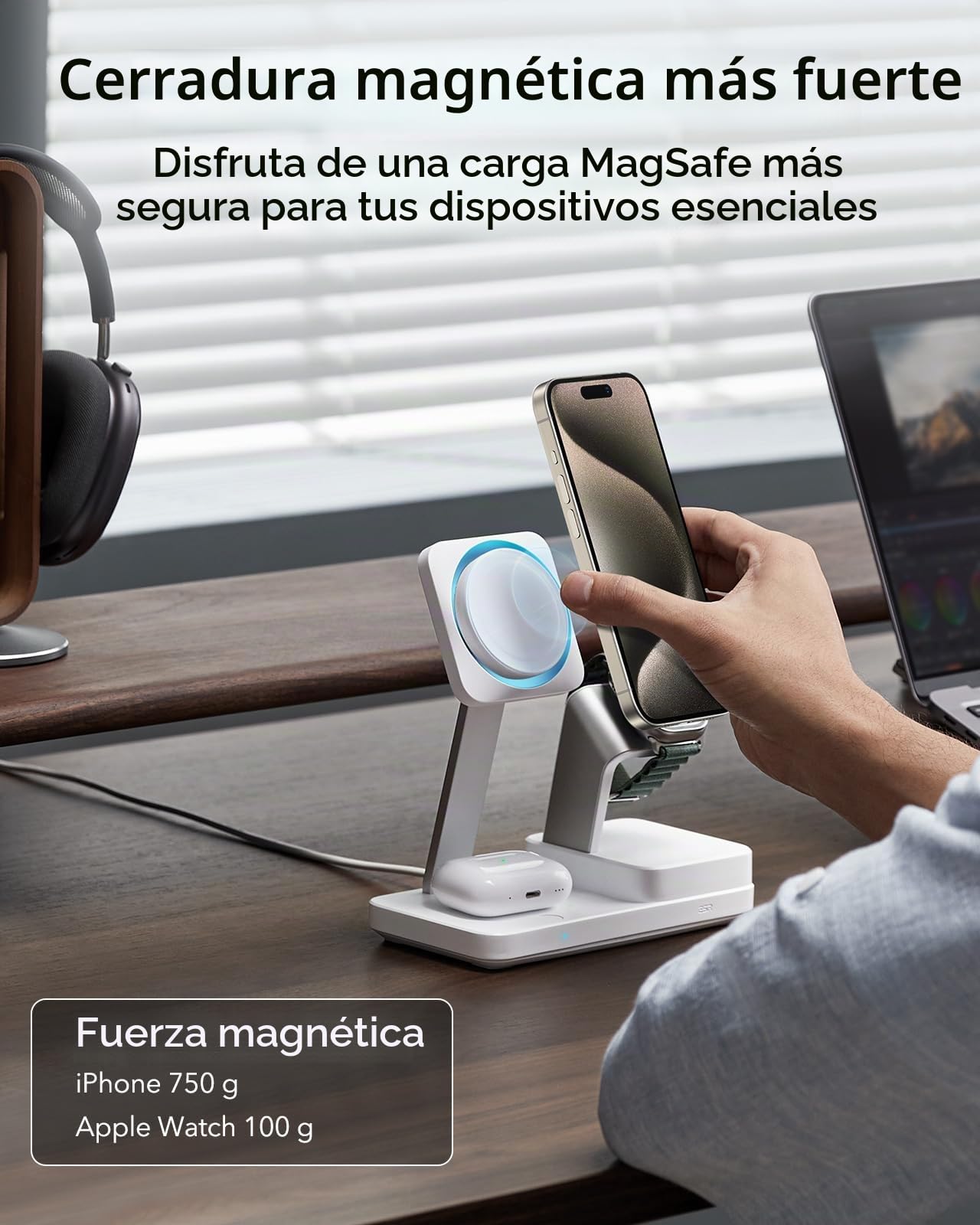 ESR Estación de Carga GAN 6en1 100 W + CryoBoost, Compatible Soporte de Cargador MagSafe, Cargador Inalámbrico Magnético iPhone 15/14/13/1