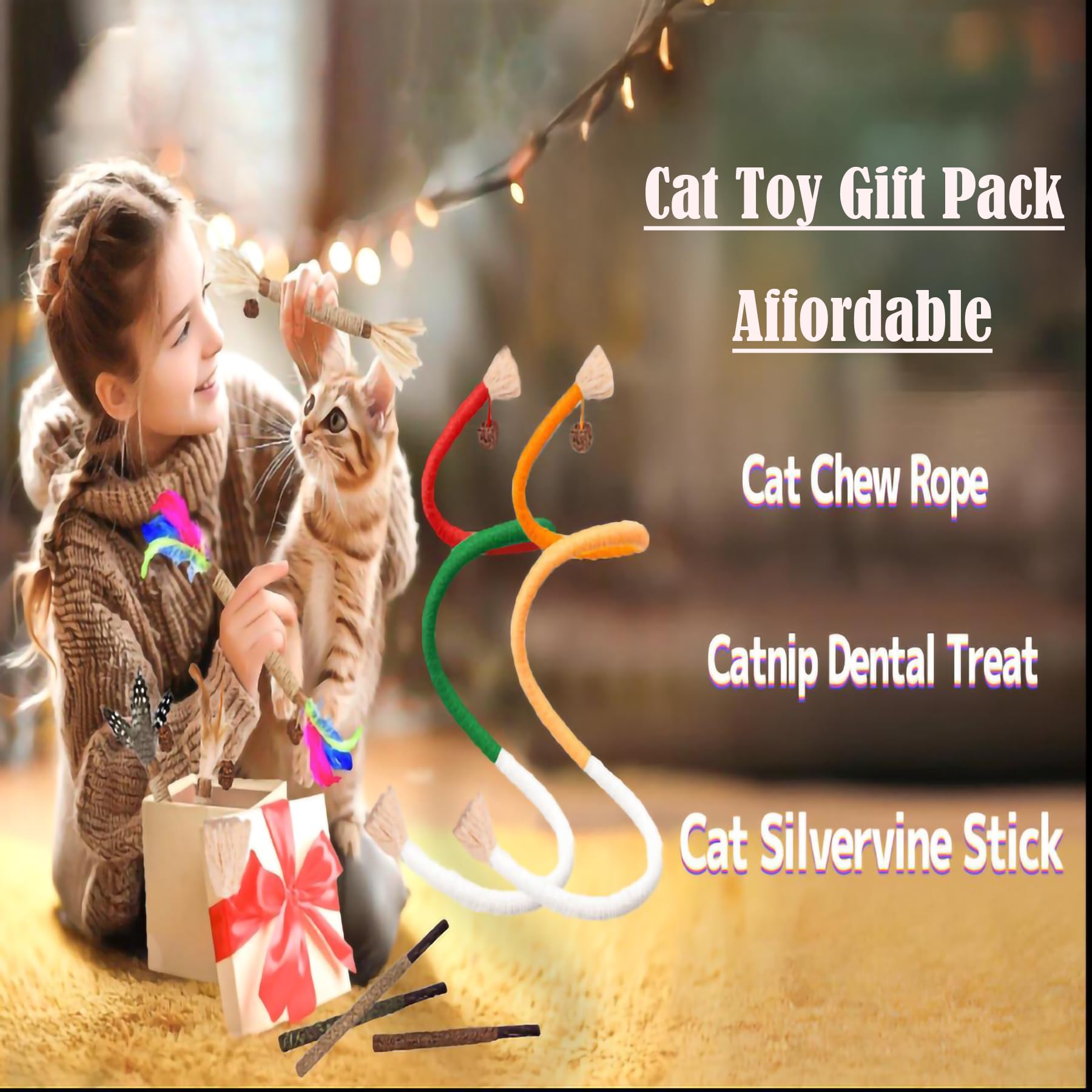 NSWXZDS Cat Toys for Indoor Cats 12pcs Kitten Chew Self Play Kitty Dental Rope Interactive Catnip Toy Refillable Matatabi Treats for Cleaning Teeth Lickable Silvervine Feather Sticks