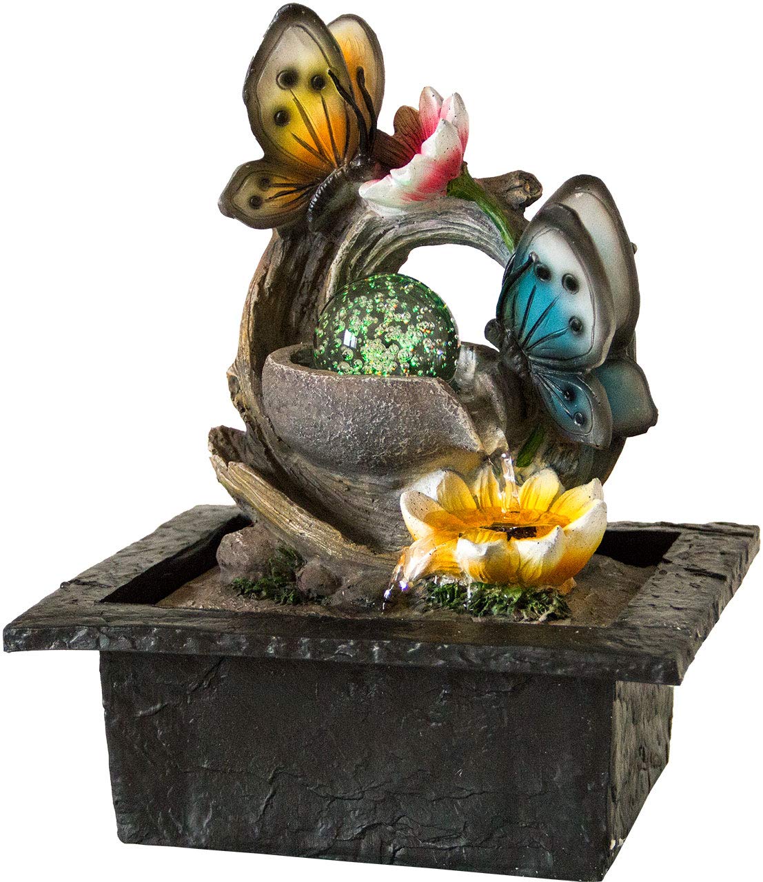 Zimmerbrunnen mit Schmetterling-Motiv, Tischbrunnen mit Pumpe und rotierender Kugel, Wasserspiel
