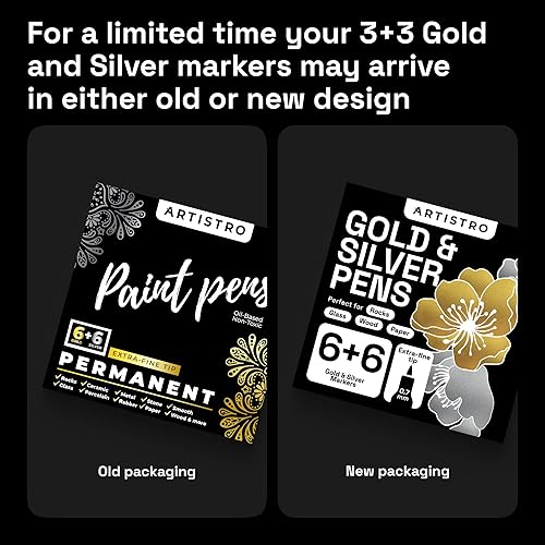 Vista 2 de Bolígrafos metálicos dorados y plateados para pintura de rocas, piedra, cerámica, vidrio, madera, metal, tela, lienzo. Juego de 6 marcadores