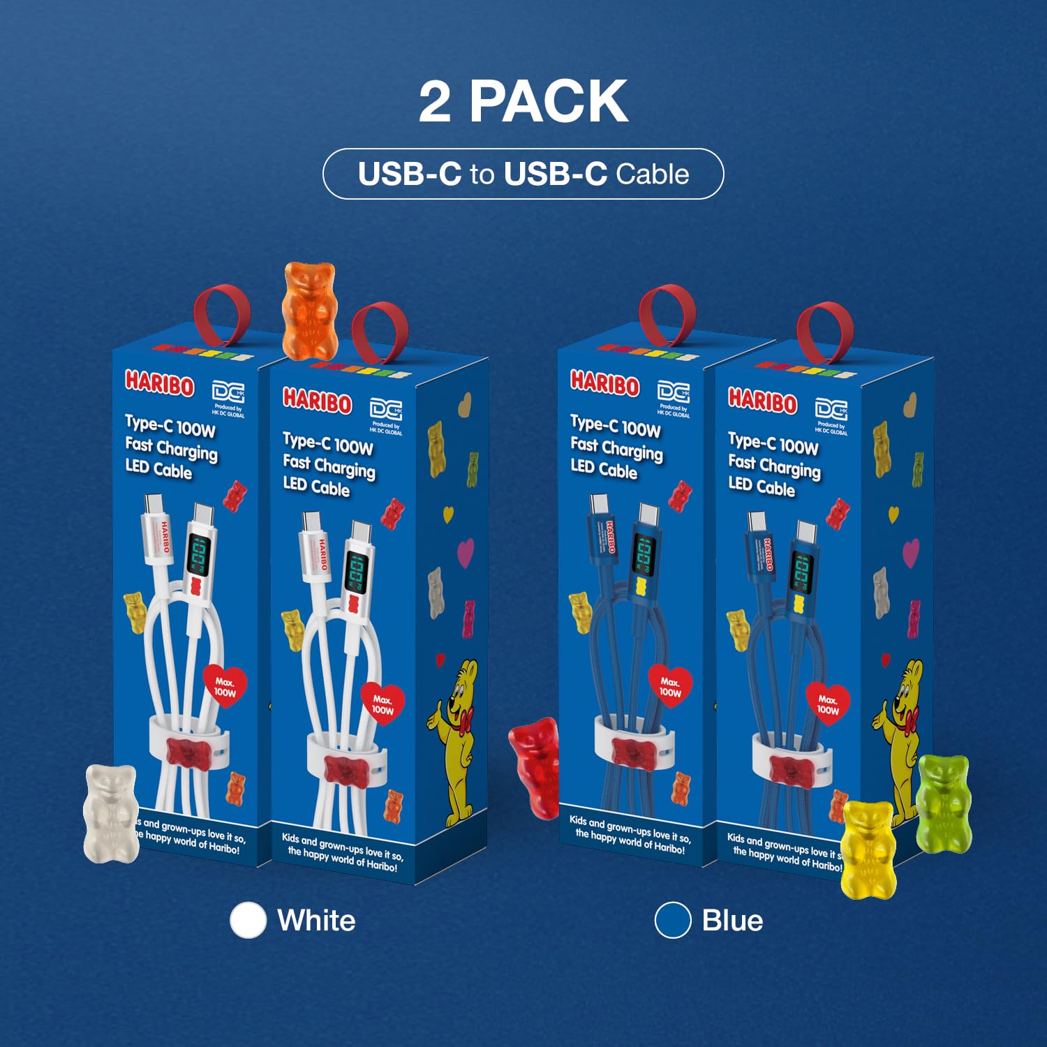Haribo - Cable USB C a USB C (5 pies, 2 unidades), carga rápida PD de 100 W, pantalla LED, USB 2.0 Gummy Bear Style para iPhone 15/16, Samsung Galaxy, Pixel, iPad