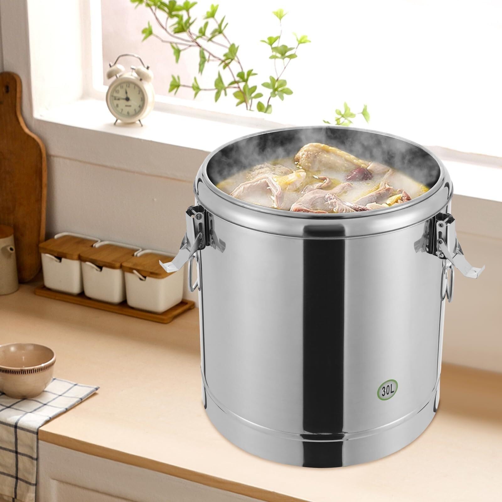 Grande per Alimenti Caldi 30L, per Cibo in Acciaio Inossidabile con Coperchio e Manici, Contenitore Termico per Cibo per Hotel Ristoranti Zuppa Calda, Bevande Fredde(30L)