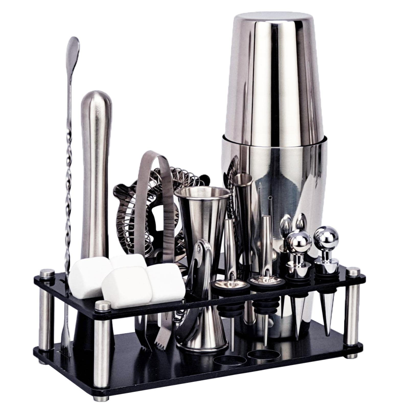 Bartender Set Bartender Kit Juego de coctelera de 16 Piezas de Acero Inoxidable Grano de Hielo Acrílico Soporte para Bebidas Mixtas Bar Herramientas 16-S- (16)