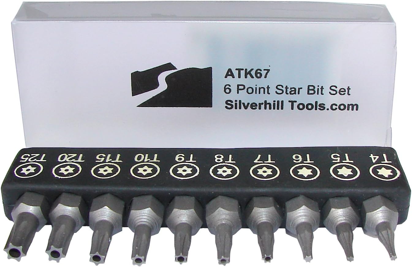 ATK67 6 Point Star Security Bit Set with Security Bits (Torx TR Style with Pin In Hole), for Screwdriver Handle for 1/4 Inch Bits. Tool Sizes T4, T5, T6, T7, T8, T9, T10, T15, T20, T25)
