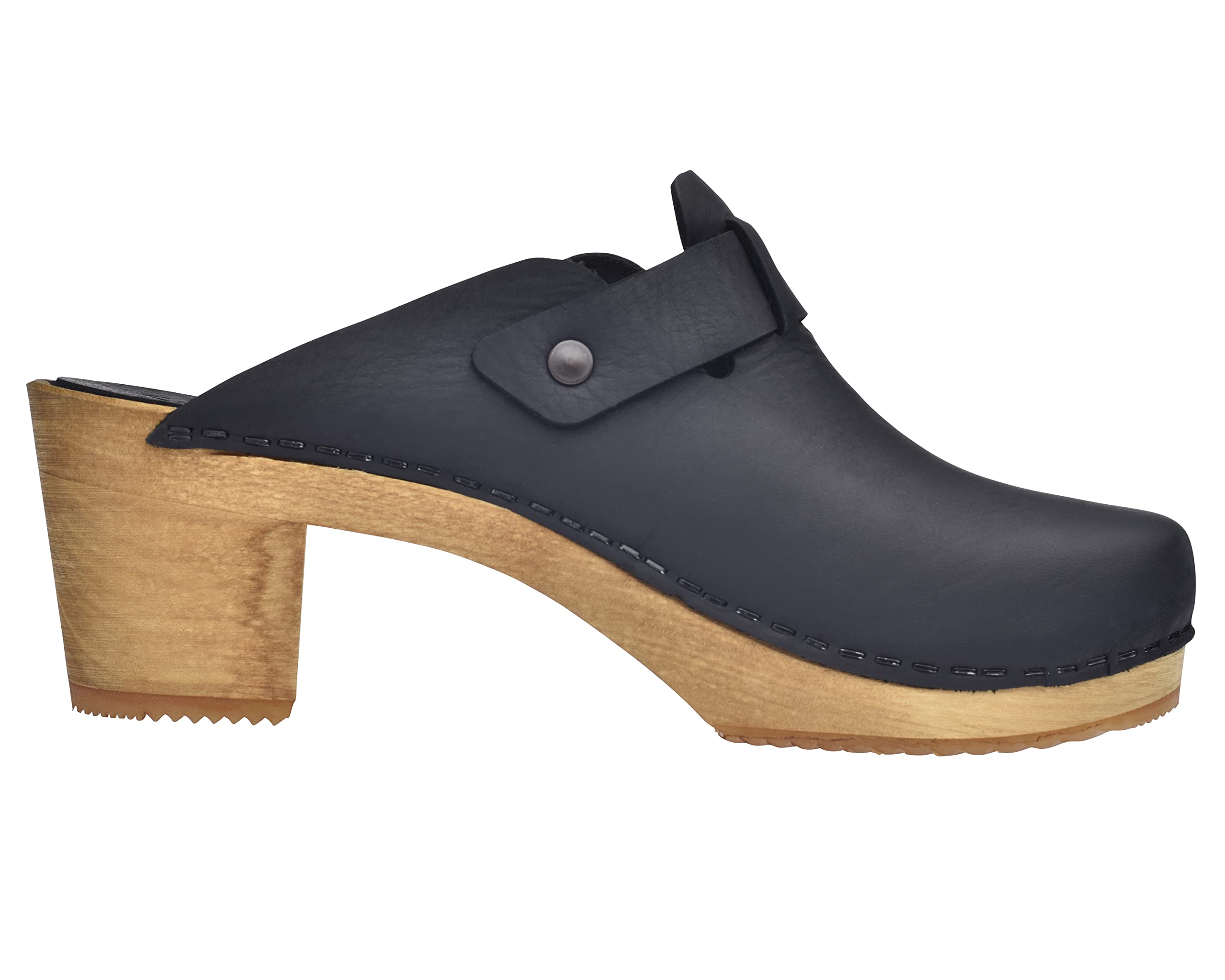 Sanita Malulo Clog | Original handgemacht | Leder-Holzclogs für Damen | Verstellbarer Riemen | Schwarz | 39 EU