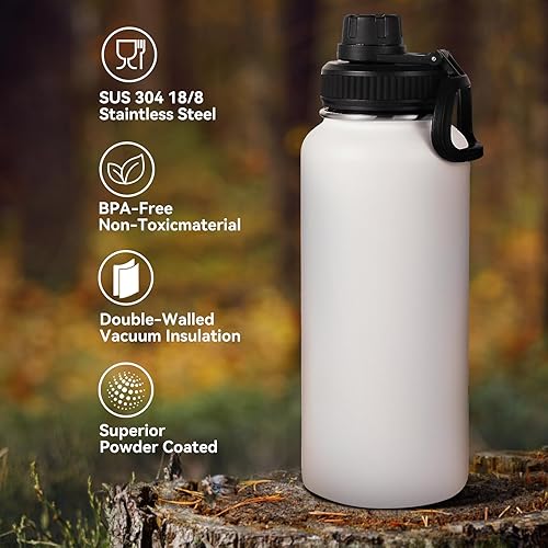 Miniatura 3 de Neihepal - Botellas de agua aisladas de 32 onzas a granel con 2 tapas (pajita y boquilla), botella de agua de acero inoxidable de doble pared,