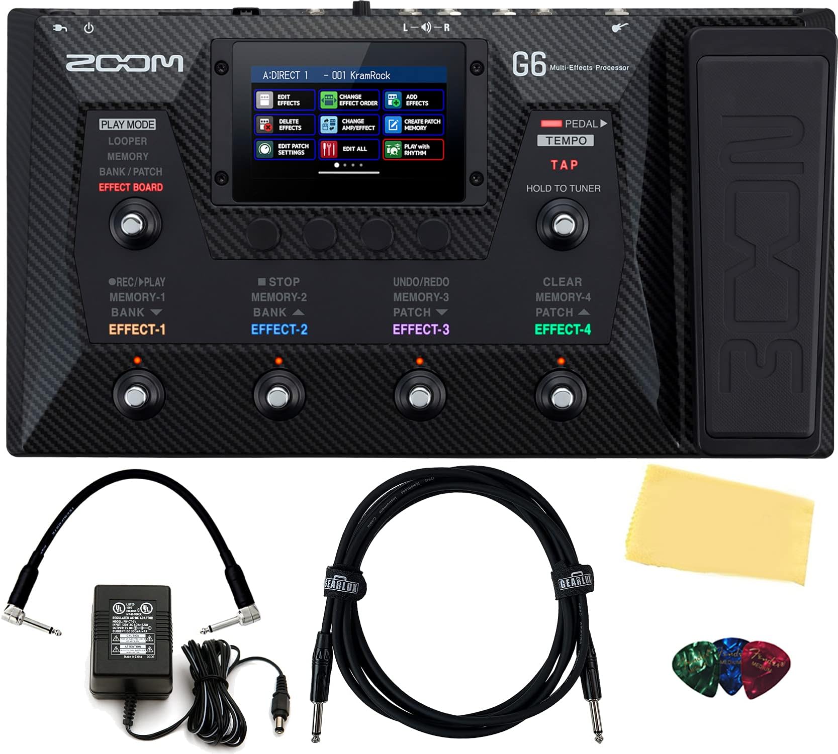 Zoom G6 Multi-Effects Processor with Expression Pedal for Bass Bundle with Power Adapter, Picks, Gearlux Instrument Cable, Patch Cable and Austin Bazaar Polishing Cloth