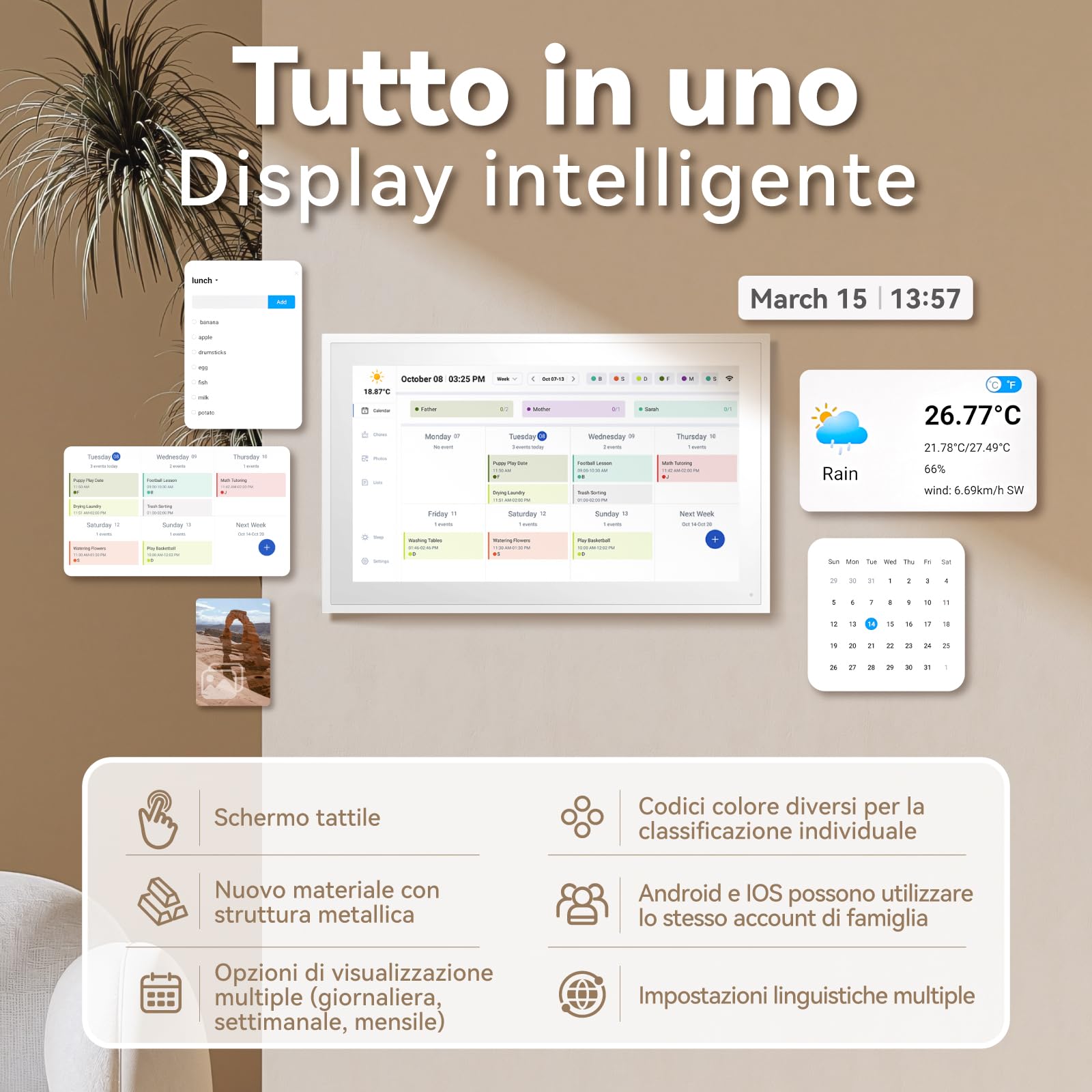 Calendario Digitale, 39,6 cm Elettronico Calendario da Parete, Cornice per Foto/Video Player, Pianificatore Intelligente per Famiglia/Ufficio/Scuola/Eventi, Pianificatore Digitale con Supporto