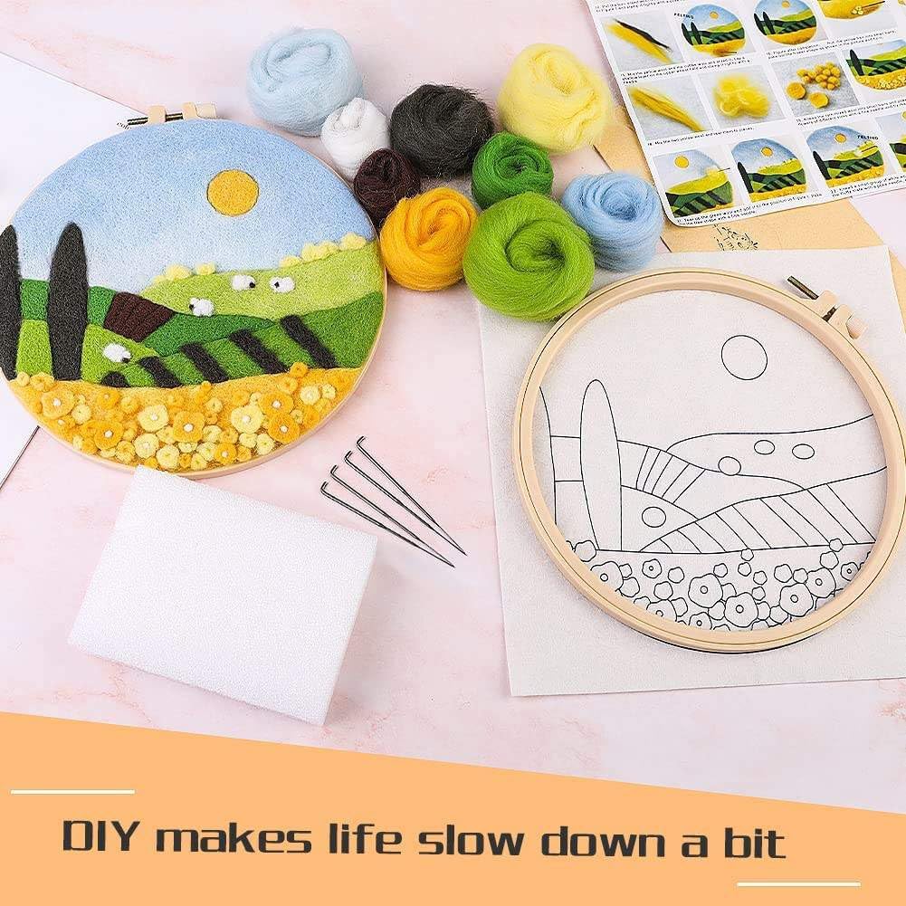 Kits de fieltro con aguja para principiantes, 2 juegos de kit de inicio de fieltro con aguja de lana para bricolaje, juego de fieltro con aguja con marco de fotos, aros de bordado con almohadilla(Colo