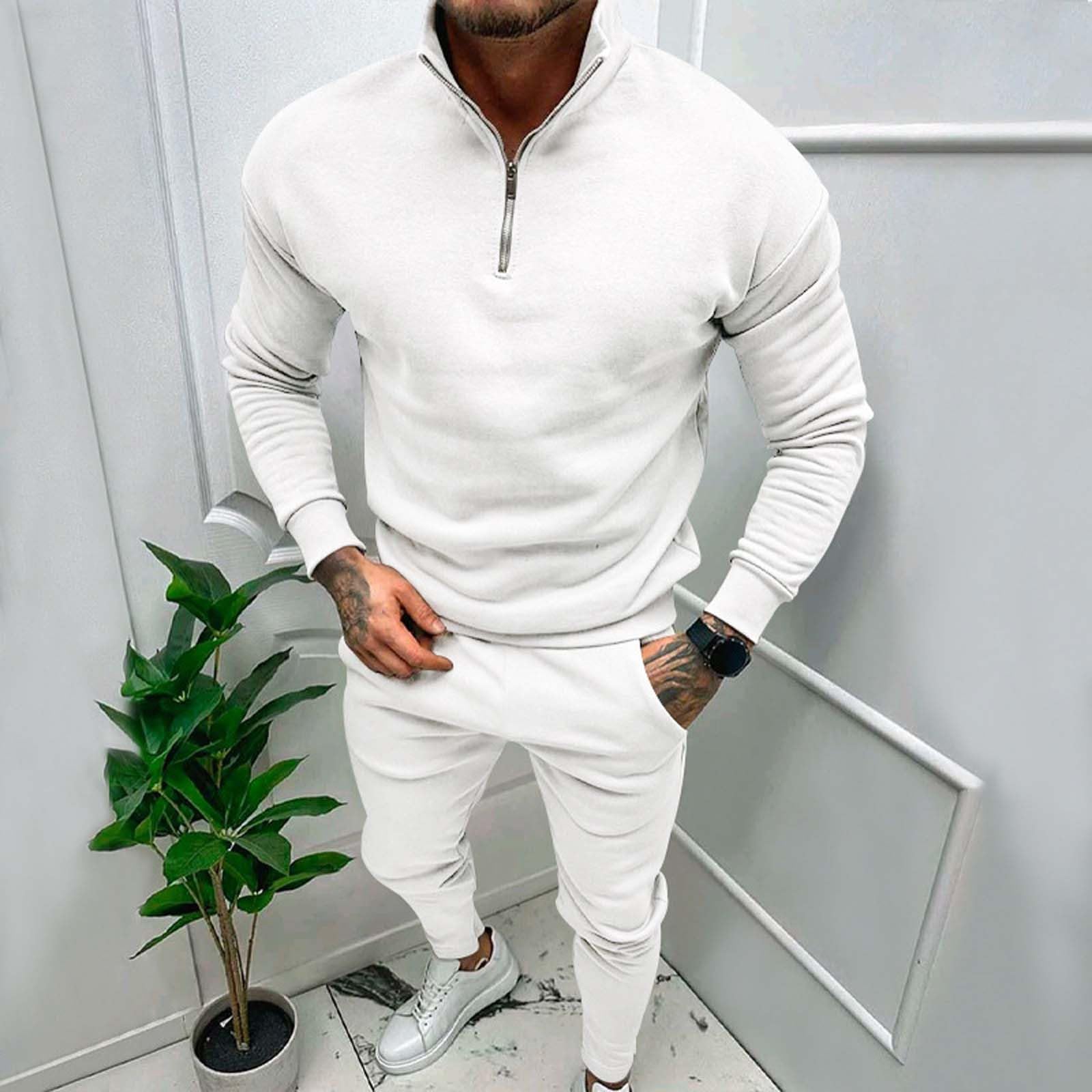 Męski dres treningowy z zamkiem do połowy, 2-częściowy, bluza i joggery, beżowa odzież domowa z wysokim dekoltem, strój dla mężczyzn, miękka bawełniana odzież sportowa, dopasowany krój, wygodny dres