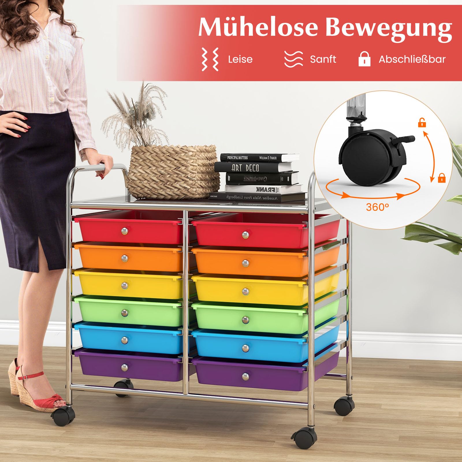 COSTWAY Rollwagen mit 12 stapelbaren Schubladen, Schubladenwagen (Bunt)
