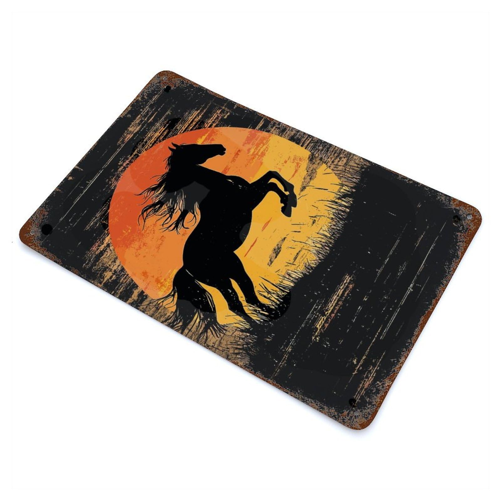 Vintage Rust Metal Sign with Black Horse Silhouette Sunset Design 11.8"x7.9", for Shed, Workshop And Garage Wall Decor, Classic Wall Plaque