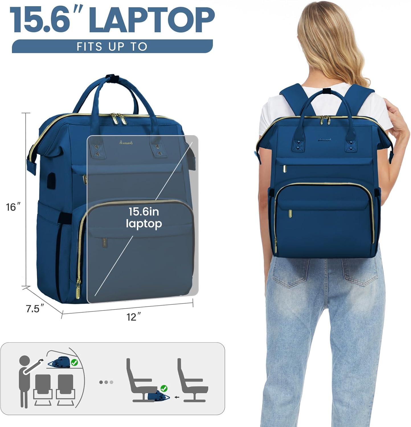 LOVEVOOK Laptop Backpack for Women,15.6 Inch Professional Womens Travel Backpack Purse Computer Laptop Bag Nurse Teacher Backpack,Waterproof College Work Bag Carry on Backpack with USB Port,Royal Blue - Image 5