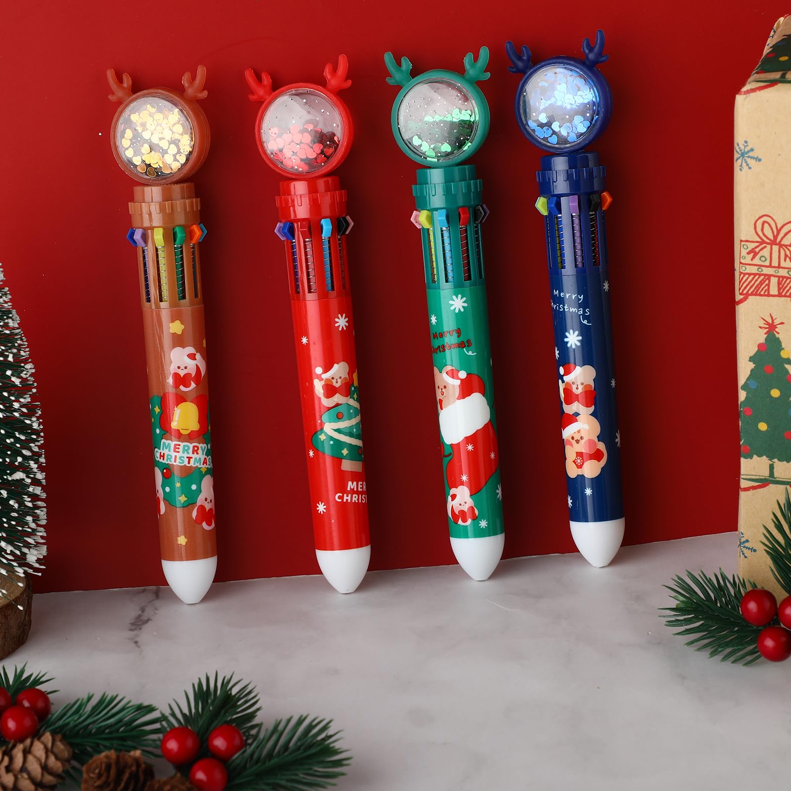 Amaxiu 6-in-1 Weihnachts-Kugelschreiber – 8 Stück, Mit Schneemann, Rentier & Co., 0,5 Mm Feinmine