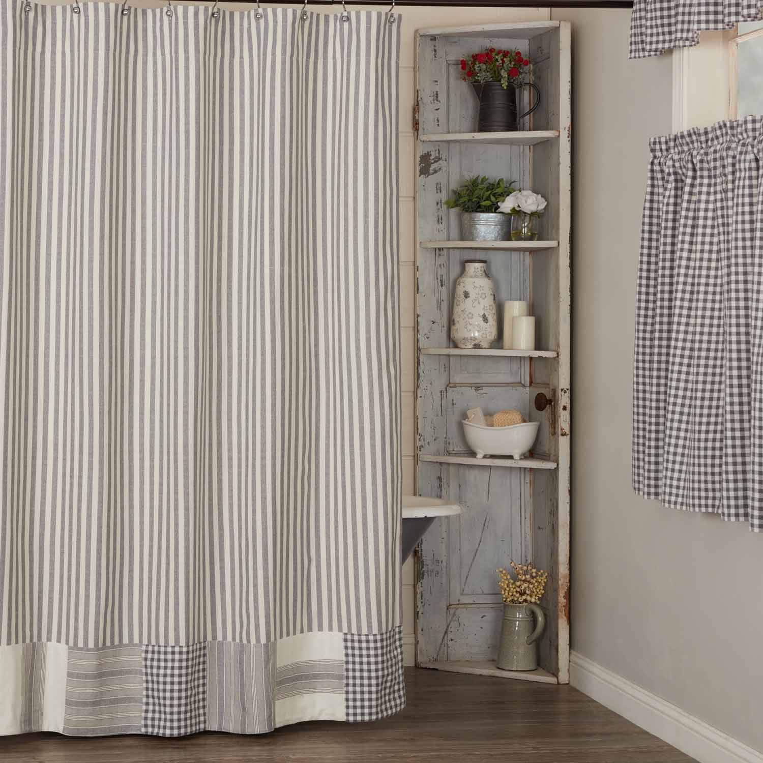 Tenda Da Doccia In Cotone Patchwork Righe Blu E Beige - 182,9x182,9 Cm - Stile Bohémien E Country