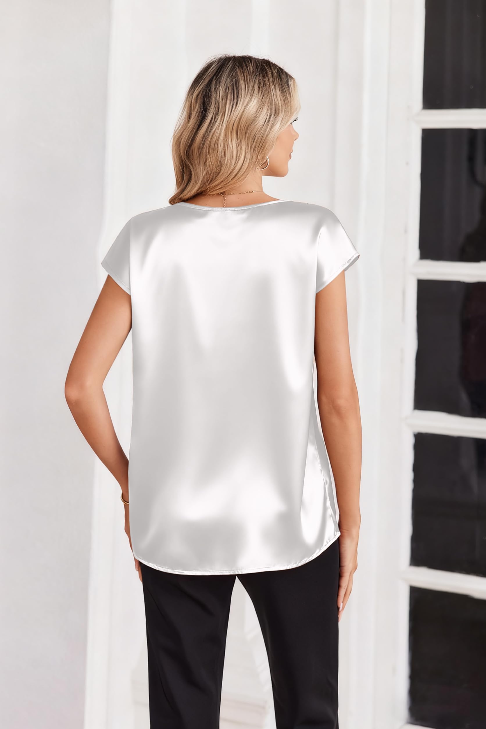 Zeagoo Blusa satén Mujer Manga Corta Cuello en V Seda Tops Elegantes Camisas de Negocios Blusa de Seda de Verano Silk Blouse Tshirt — view 5