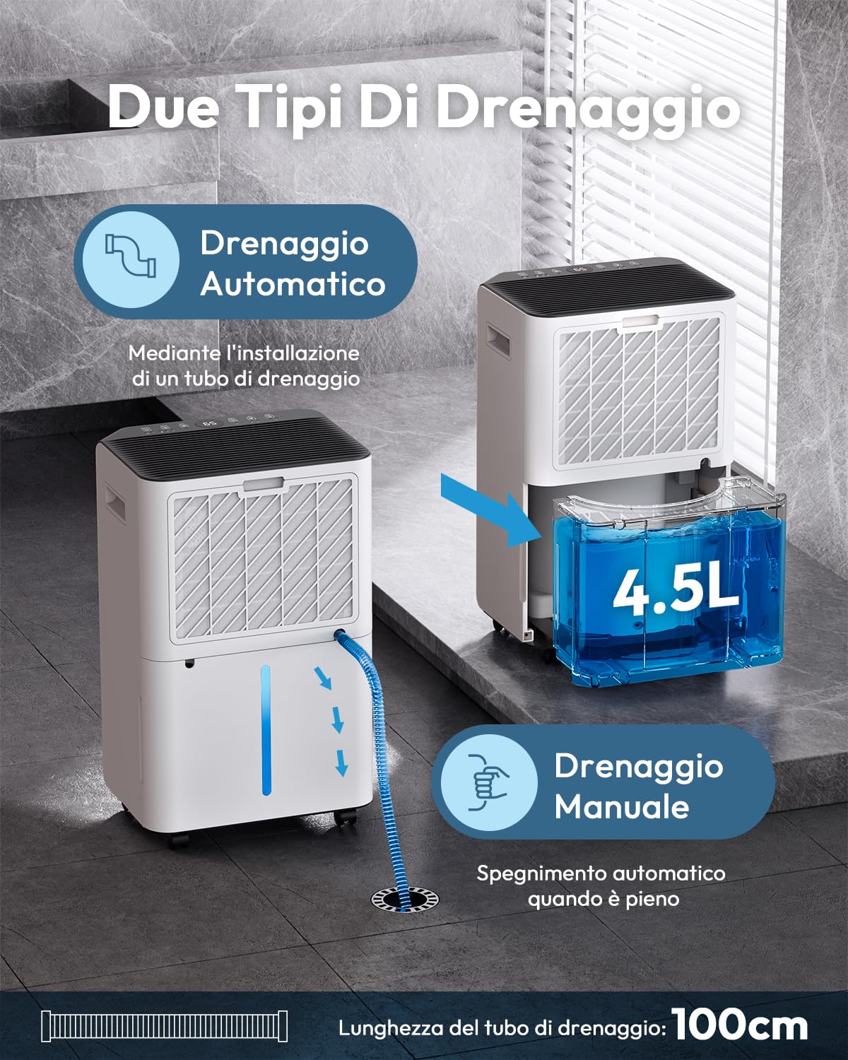 Deumidificatore Casa Muffa 20L/Giorno, Per Ambienti di Circa 60 m² – 41 dB, Con Tubo di Scarico, Filtro Rimovibile, Timer 24h, Serbatoio Acqua da 4.5L, Per Cantina, Soggiorno, Camera da Letto,Bagno