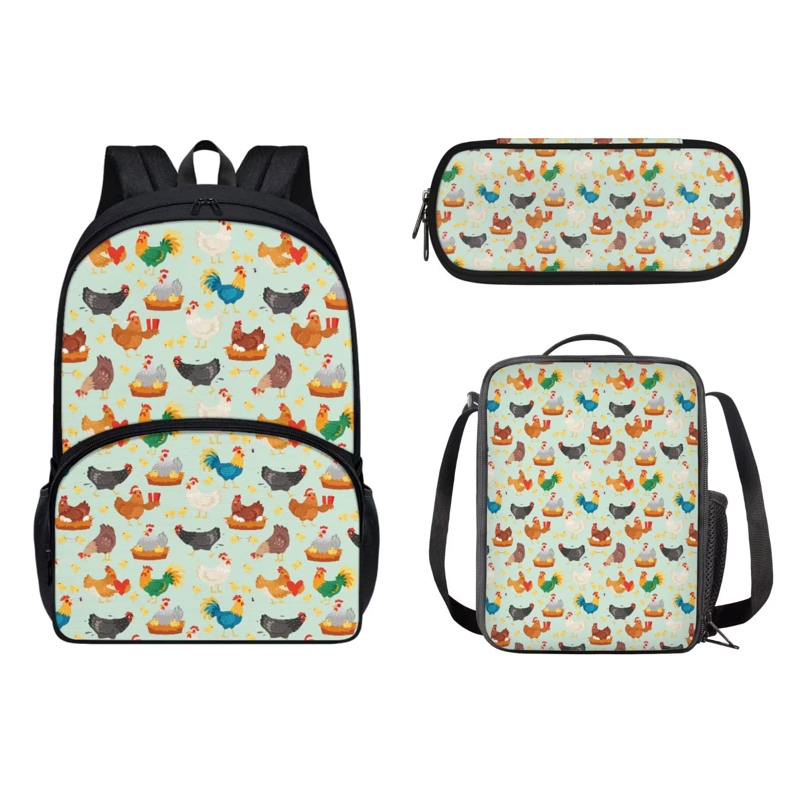 POLERO Mochila escolar de caballos para niños, juego de bolsas de almuerzo, estuche para lápices, 3 piezas, bolsas escolares, gallina, Talla única, Mochila infantil