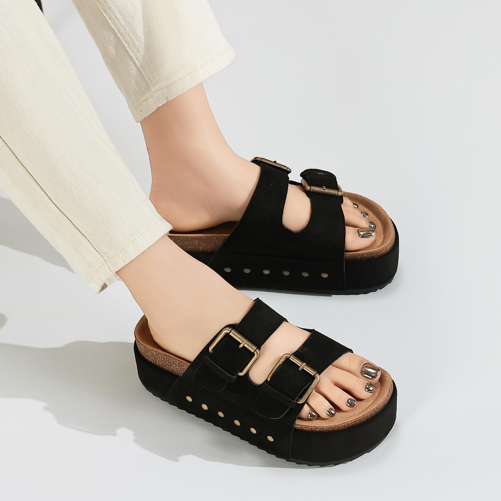 Foinledr Ciabatte Donna Estive Sandali Sughero Plantare Doppia Fibbia Moda Mules Clogs Sandali Antiscivolo Gomma Suole Pantofole Spiaggia Scarp Comfort da Casa