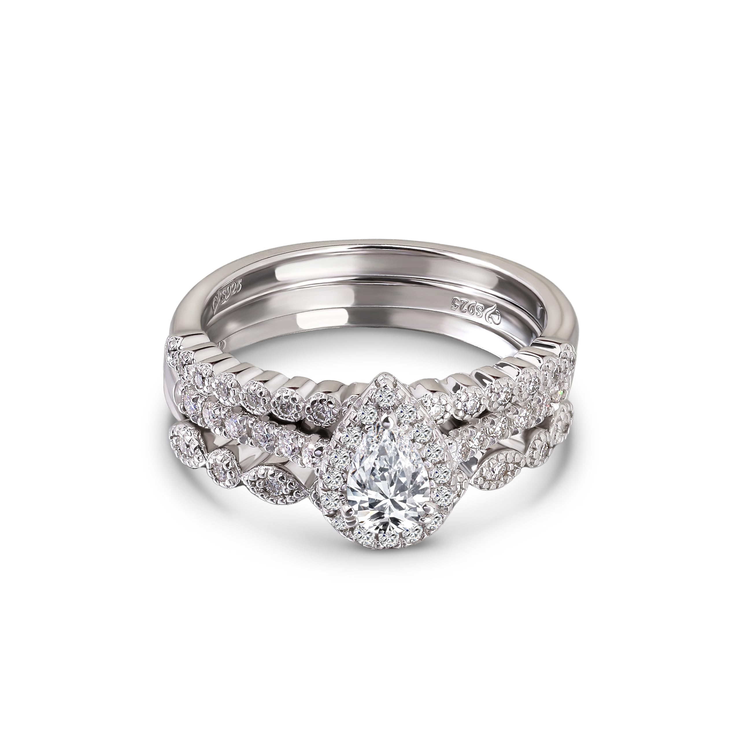 Damen Moissanit Band Ring Set Birnenschliff Vorsteckring 925 Sterling Silber Stapelring Rundschliff Silberring Austauschbar Ewigkeitsring Schmuckset für Frauen Geschenk