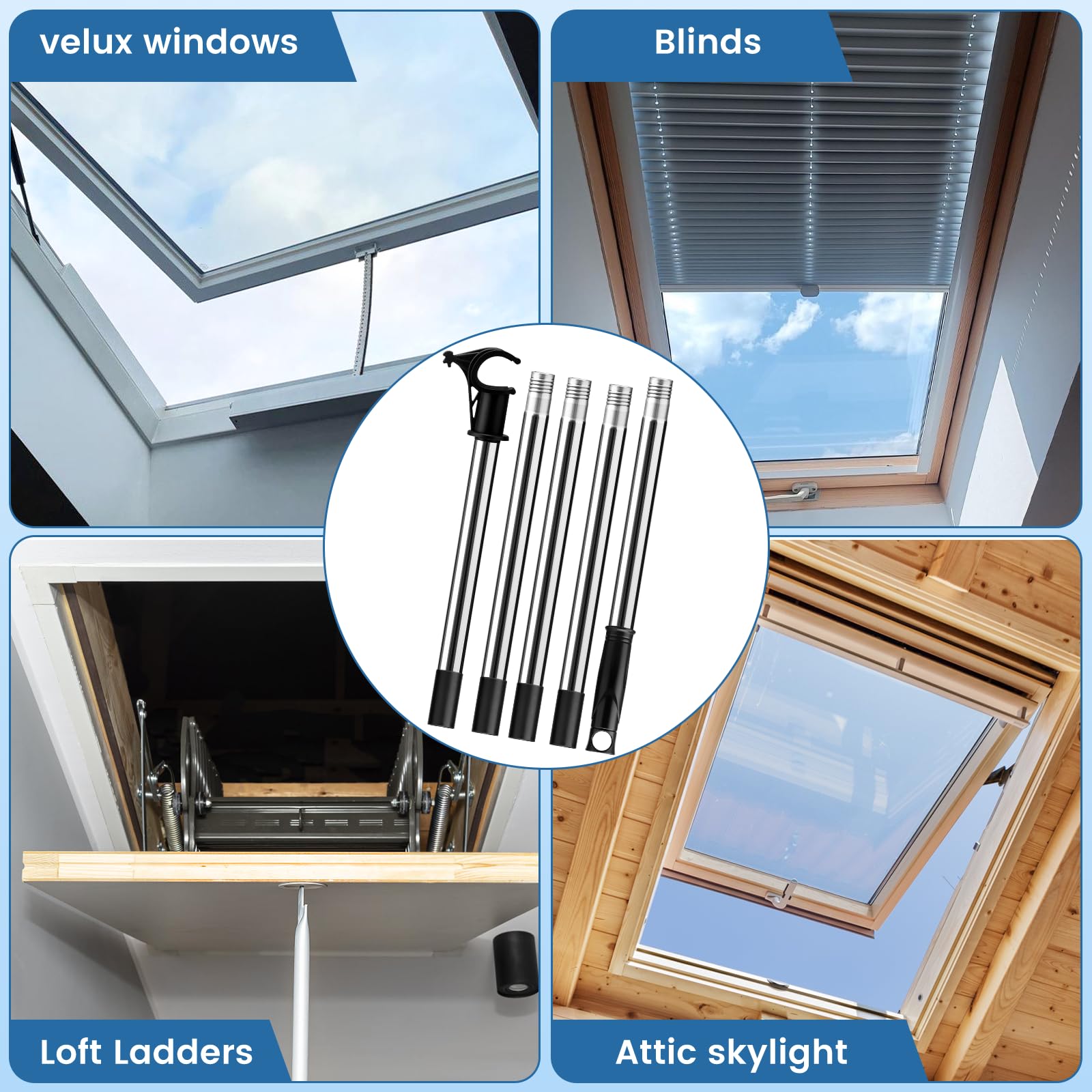 Apri palo per finestra, asta telescopica multiparte da 1,86 m, con gancio, compatibile con tende Velux GGL/GGU per lucernari, in acciaio inox, per scale a soppalco, finestre scorrevoli verticali
