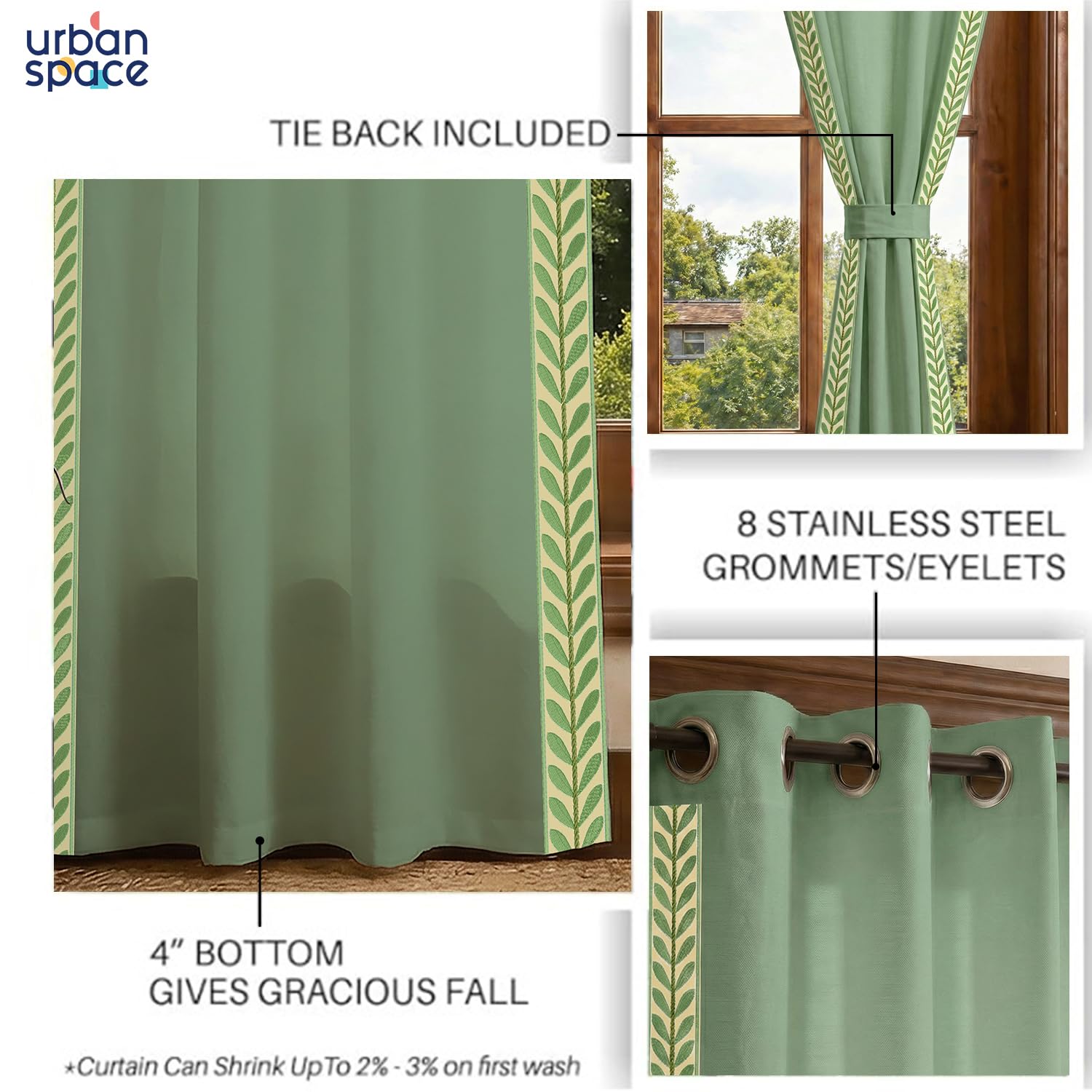 Urban Space Bohemian Curtains for Window, 100% Cotton Curtain 5 Feet Long, 1 Piece Decorative Curtain with Embroidered Lace, Tieback & Eyelets Included (Leaves lace - Sage Green, Window - 5 feet) 3