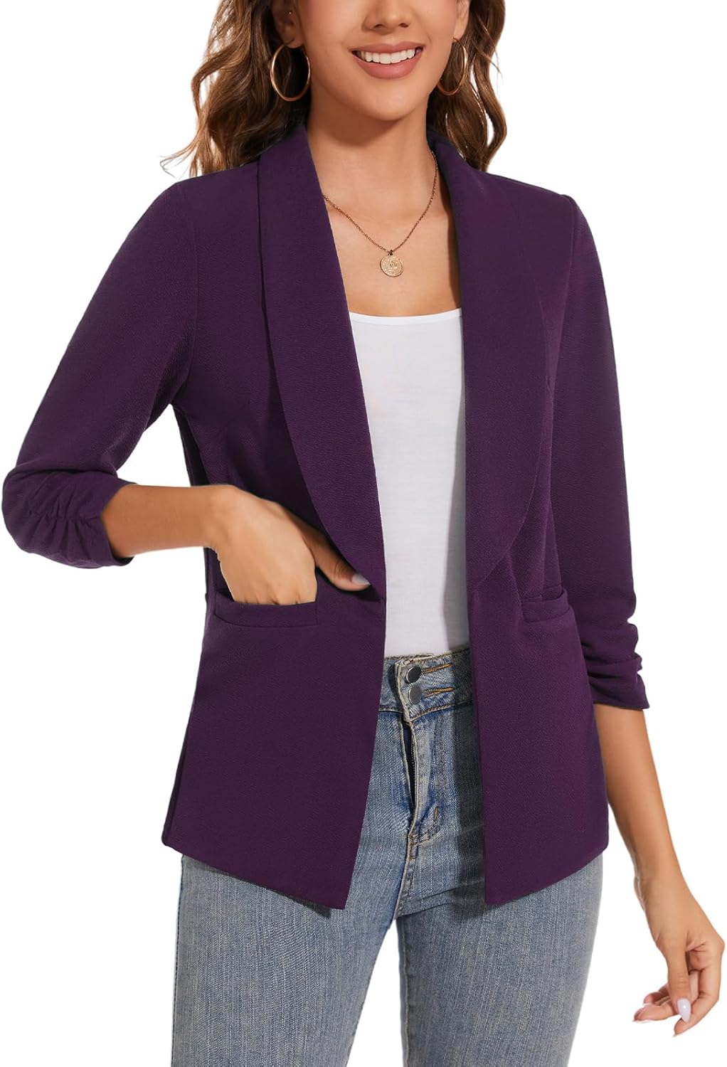 Women Casual Shawl Lapel Work Blazer Ruched 3/4 Sleeve Open Front Business Office Suit Jackets with Pockets - Image 4