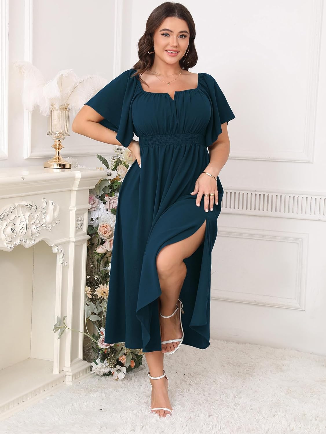 Women Plus Size Dress Wedding Guest Formal Ruffle Short Sleeve Square Neck Smocked Flowy A Line Slit Maxi Dresses - Image 5