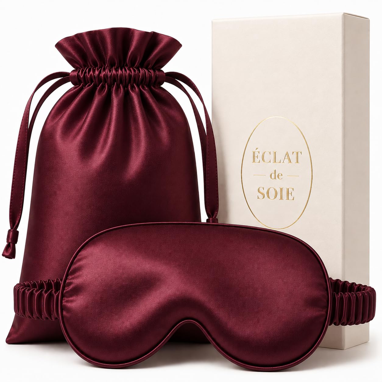 Éclat de Soie – Masque de nuit en soie de mûrier 22 mommes avec pochette en soie – Confort nuit et voyage – Coffret cadeau premium – Bourgogne profond – Certifié OEKO-TEX® STANDARD 100