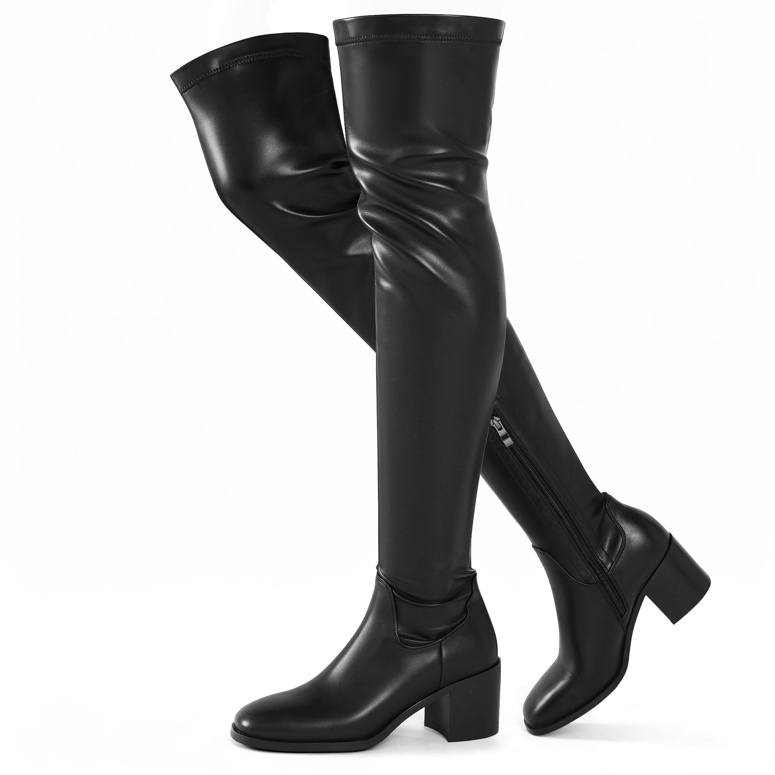 Black Thigh High Boots for Women Chunky Heel Over The Knee High Boots Comfortable Long Stretch Boots Side