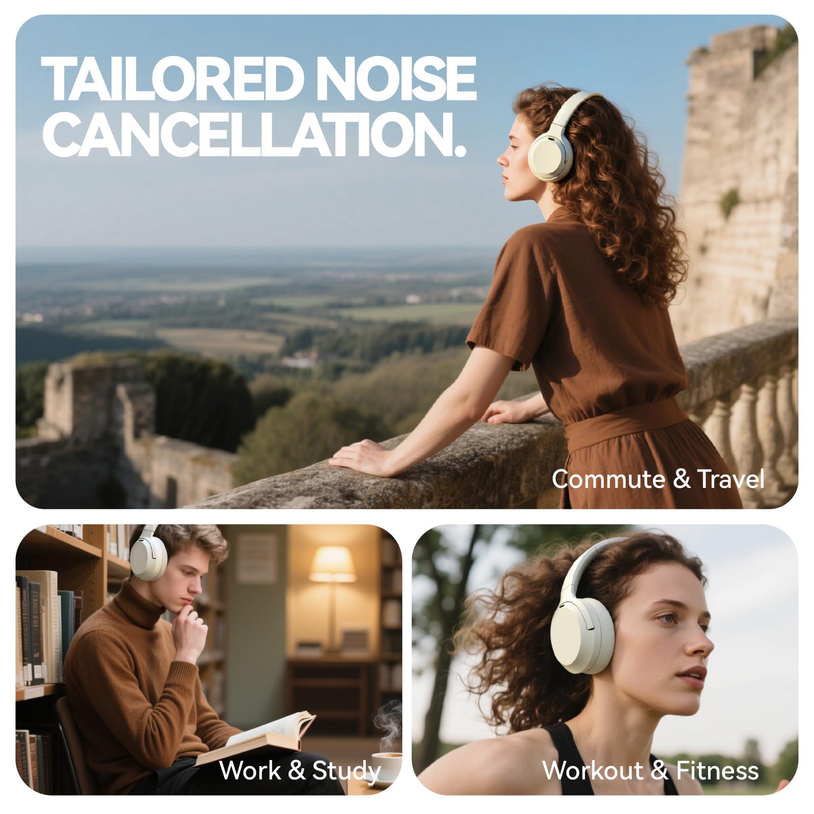 Hybrid Active Noise Cancelling Kopfhörer, Kabellose Over Ear Bluetooth Kopfhörer mit Mikrofon, 40H Spielzeit, Hi-Res Audio, Tiefer Bass, Faltbare Comfort Fit Ohrmuscheln für Reisen, Büro
