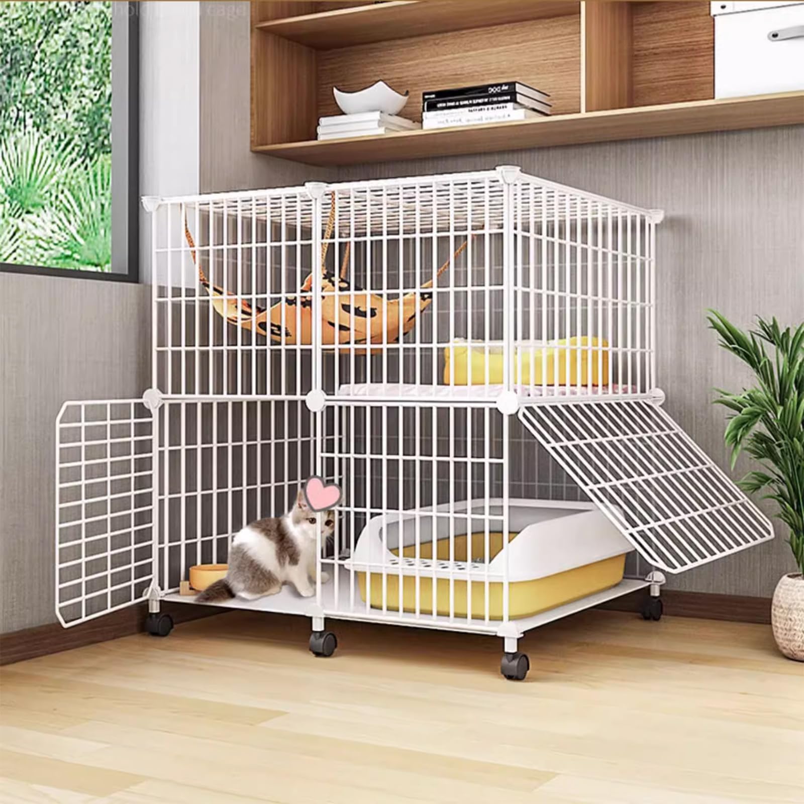 HASMI Gabbia Gatto, Gabbia per Gatti da Interno, Gabbia per Furetti in Metallo Pieghevole, Recinzione per Animali Domestici con Ruote Girevoli a 360°, con Scale a Rampa e Amaca